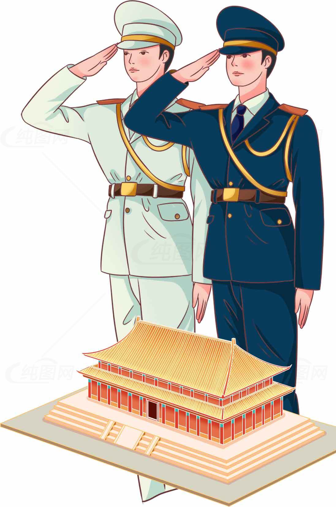 中国军人敬礼与天安门插画素材