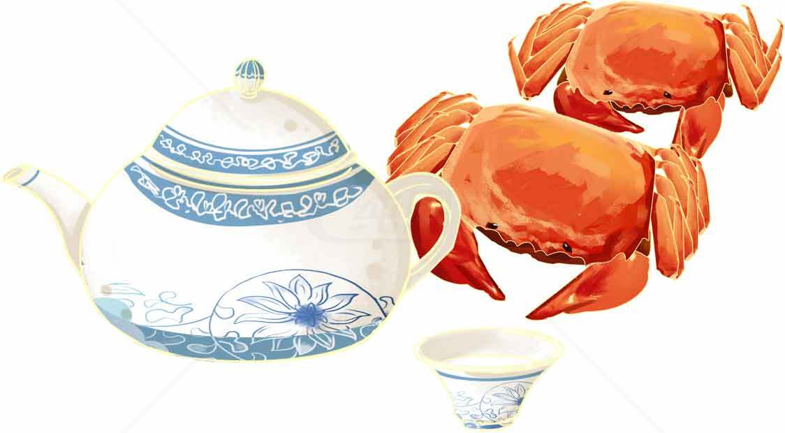 大闸蟹与中式茶具的完美搭配素材