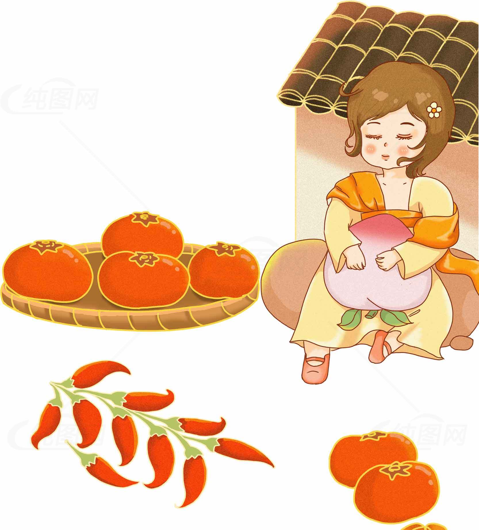 秋季丰收插画：柿子与辣椒的田园风情素材