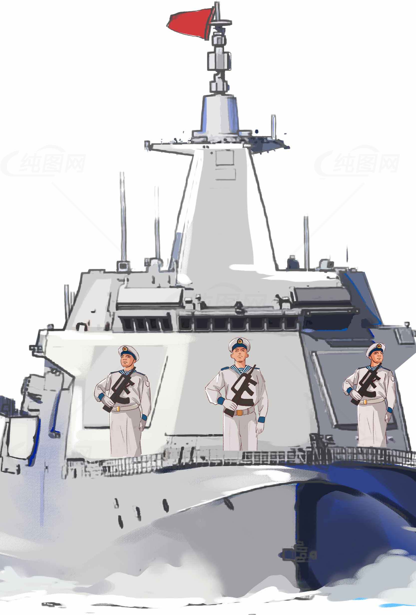现代军舰与海军士兵插画素材