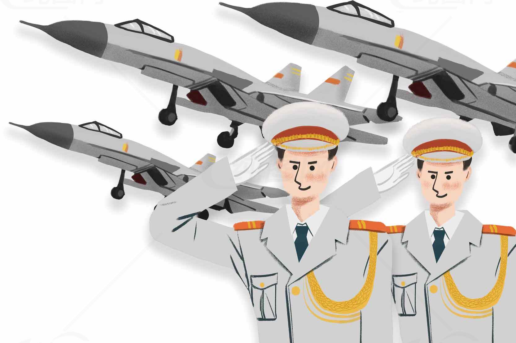 军事飞行员与战斗机插画设计素材