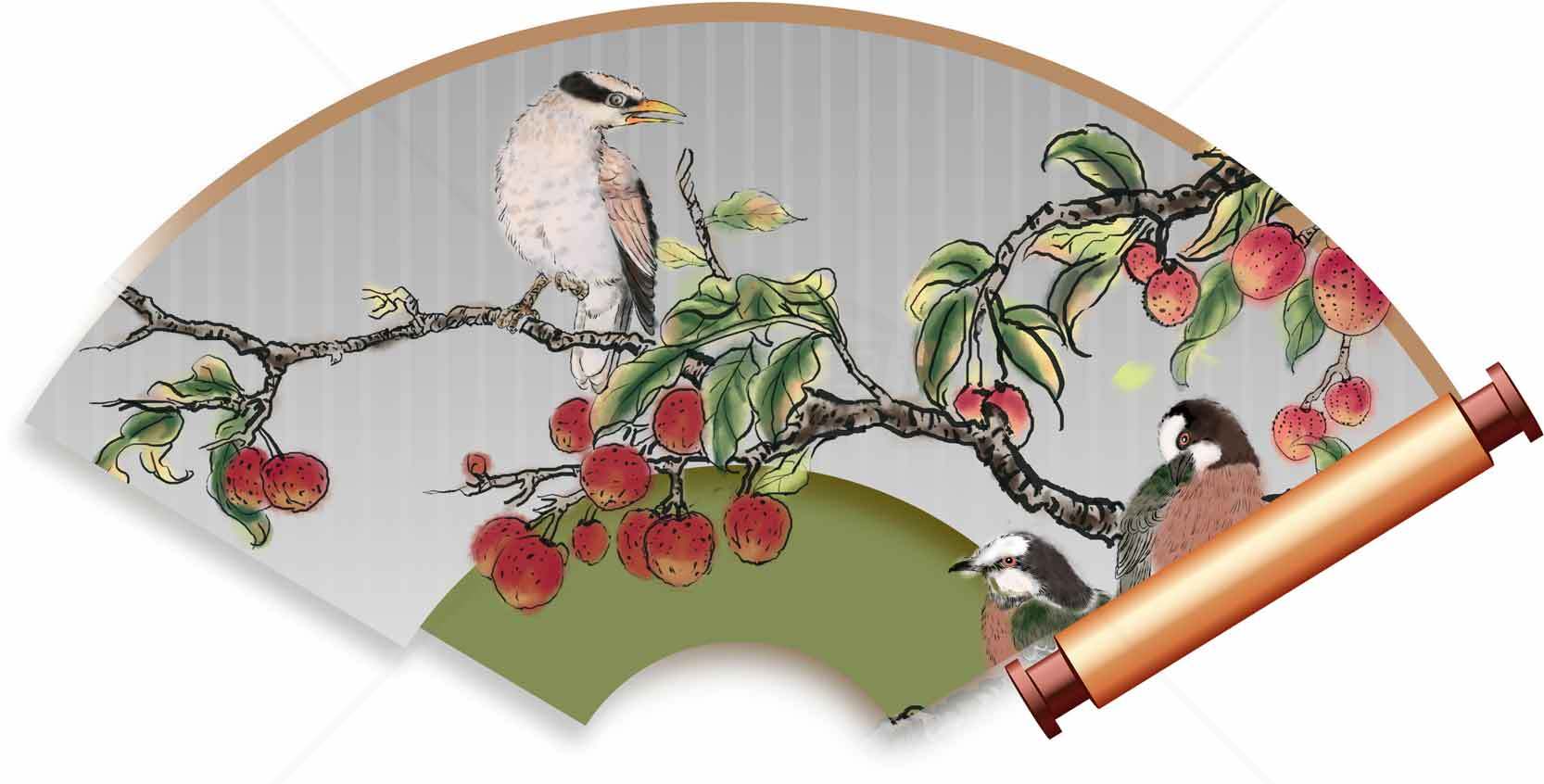 中国传统扇子上的鸟与果实图案设计素材