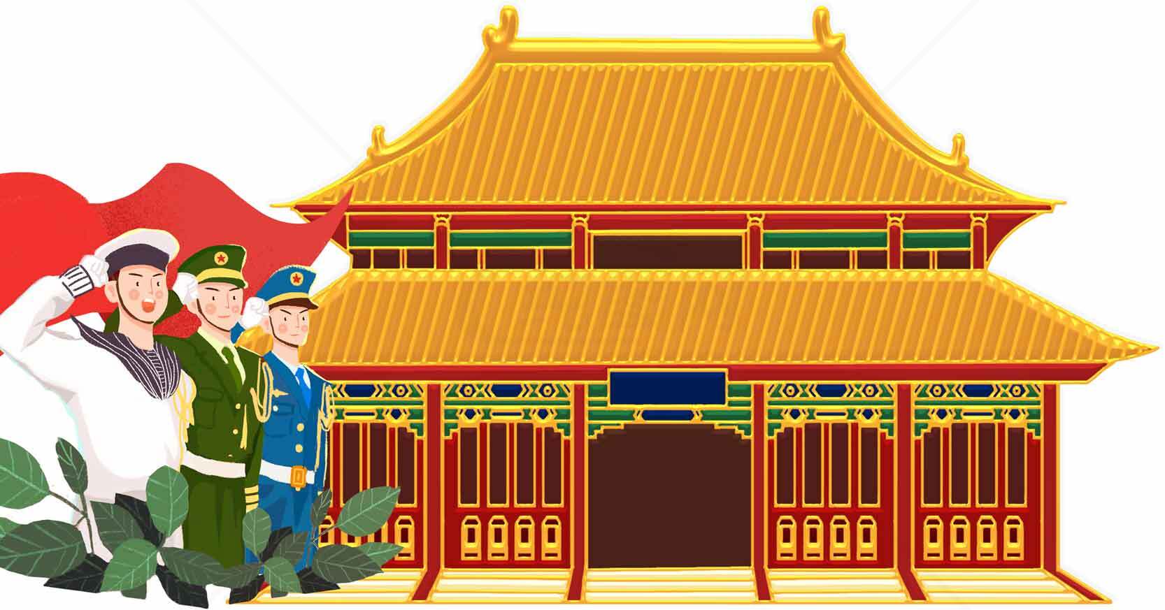 中国传统建筑与军人形象融合设计素材