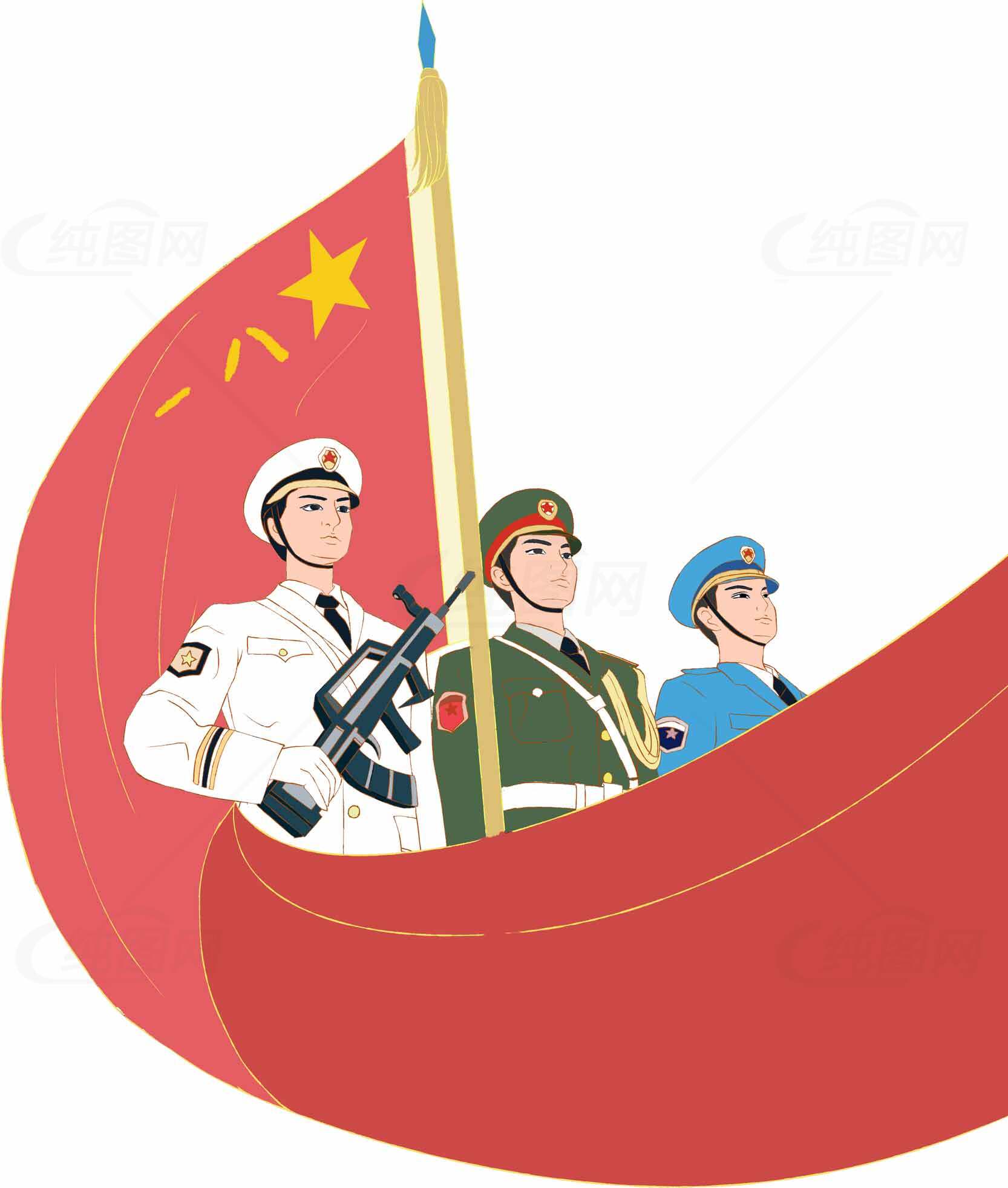 中国军人与国旗插画设计素材