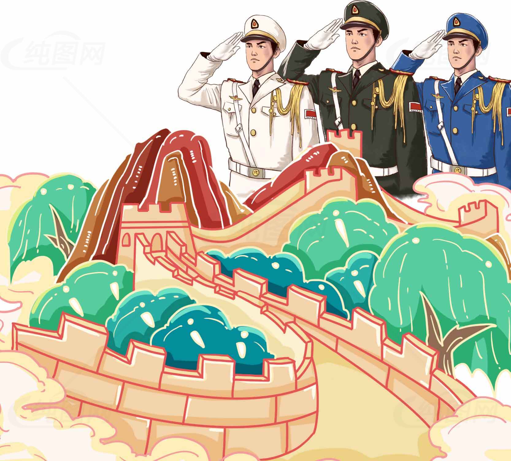 中国长城与军人敬礼插画设计素材