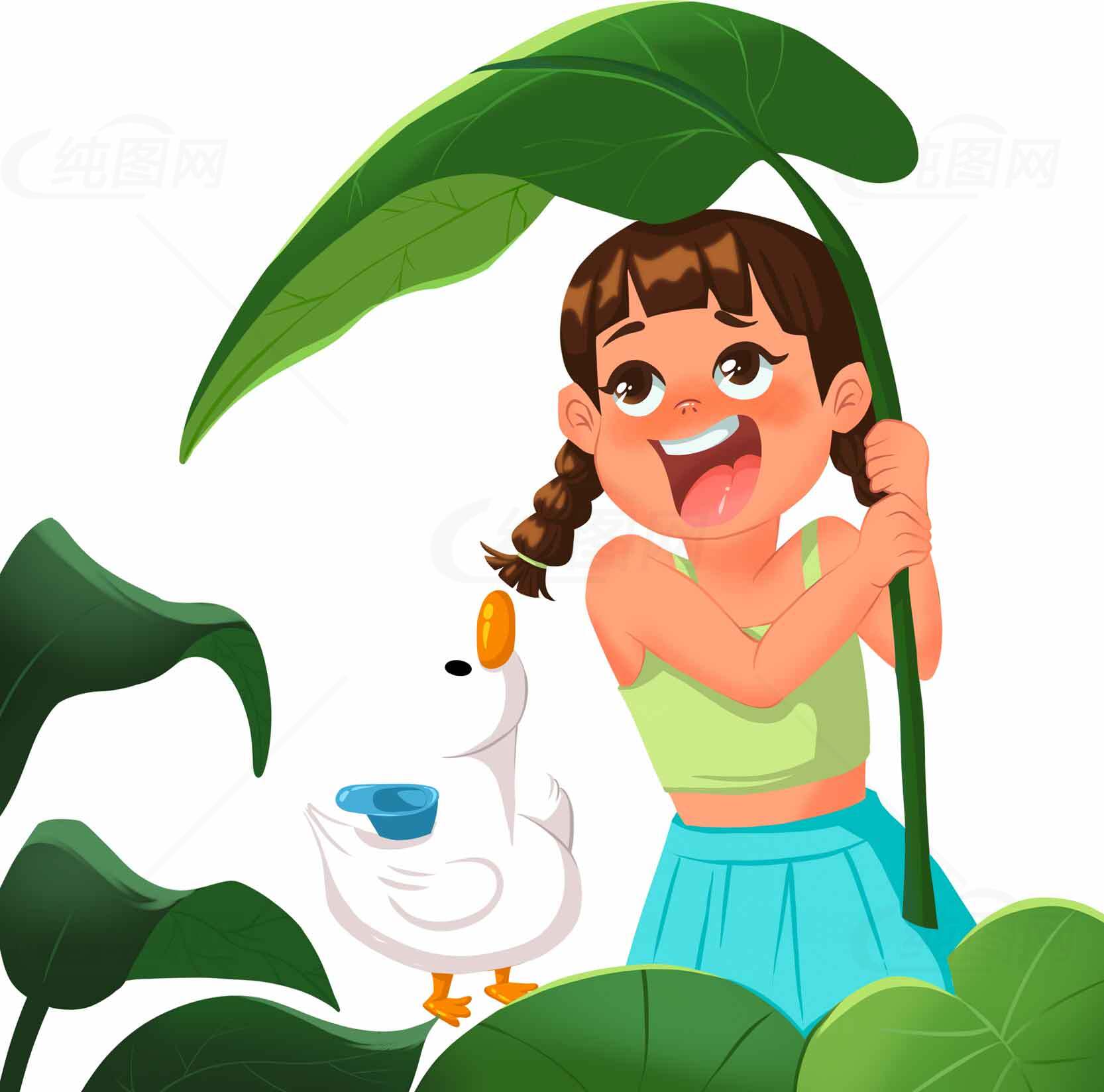 儿童与白鹅的自然互动插画素材