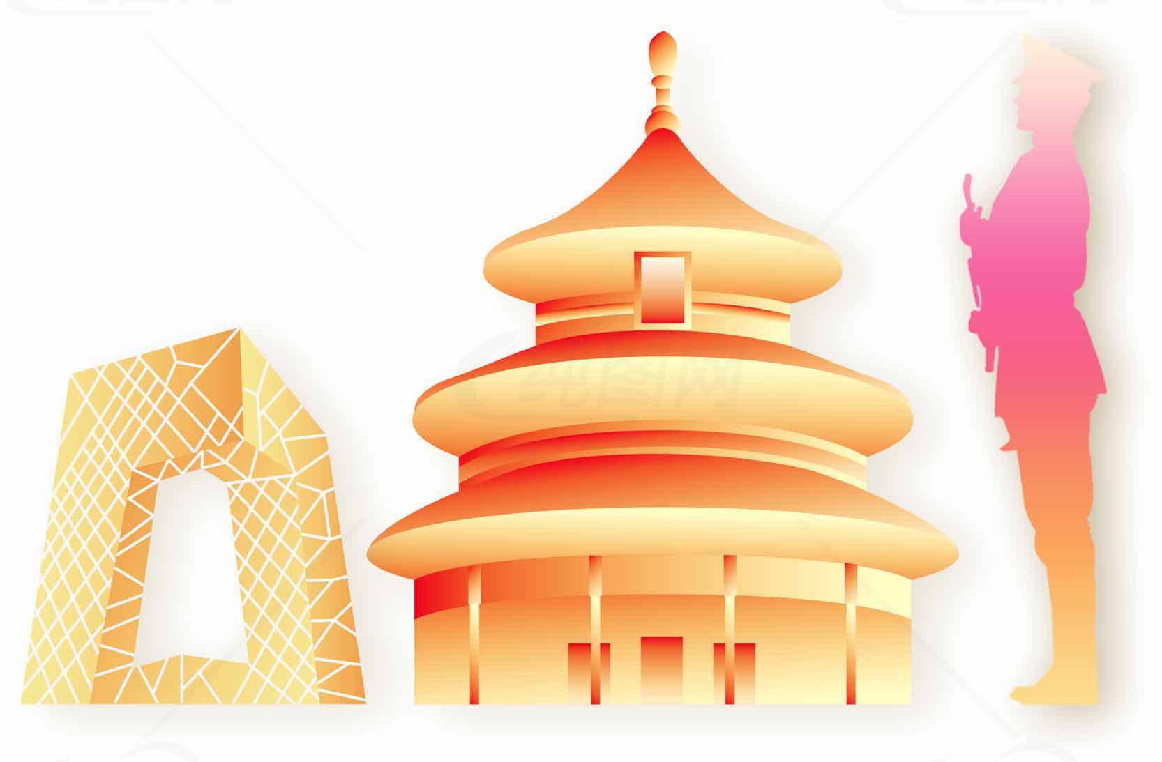北京地标剪影设计：天坛与现代建筑融合素材