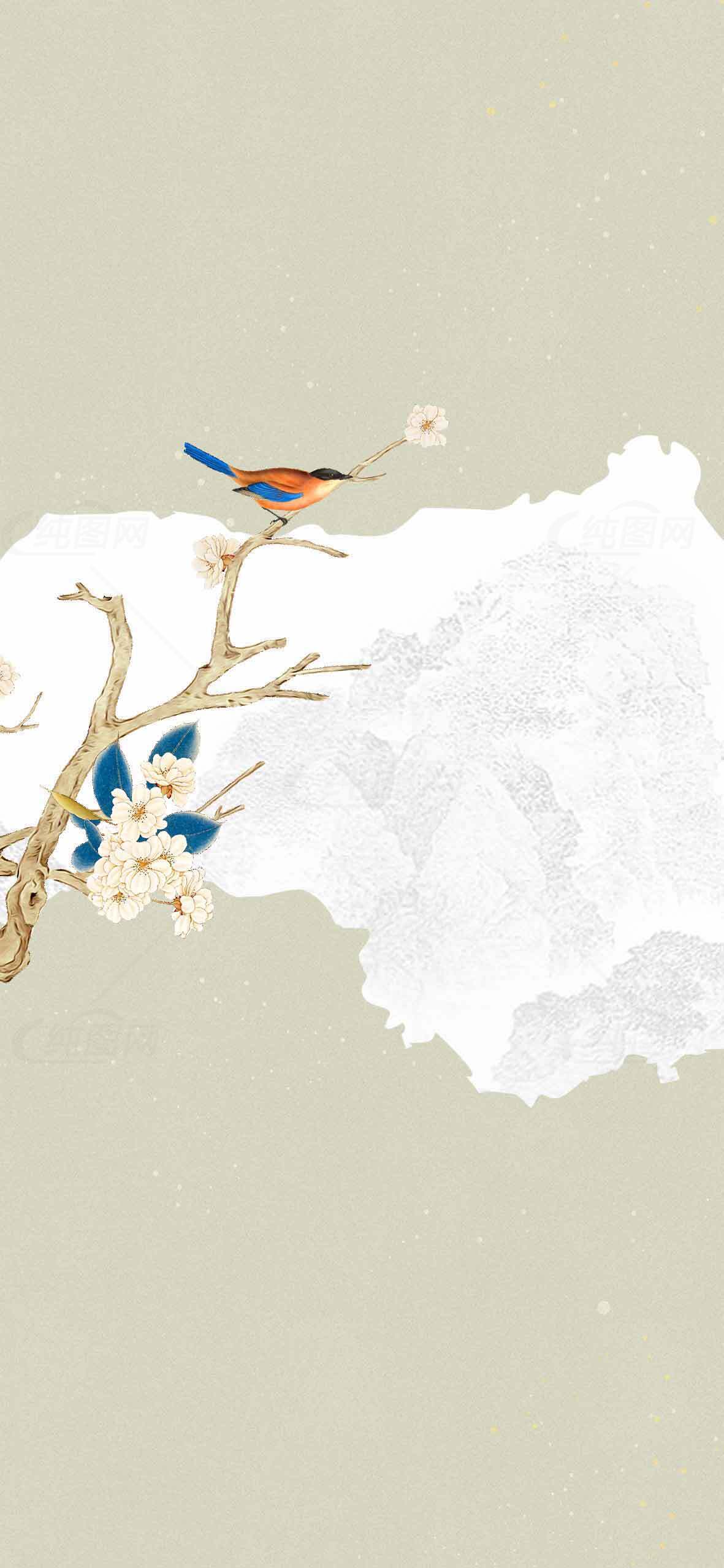 国风水墨画鸟与花枝唯美背景图片素材