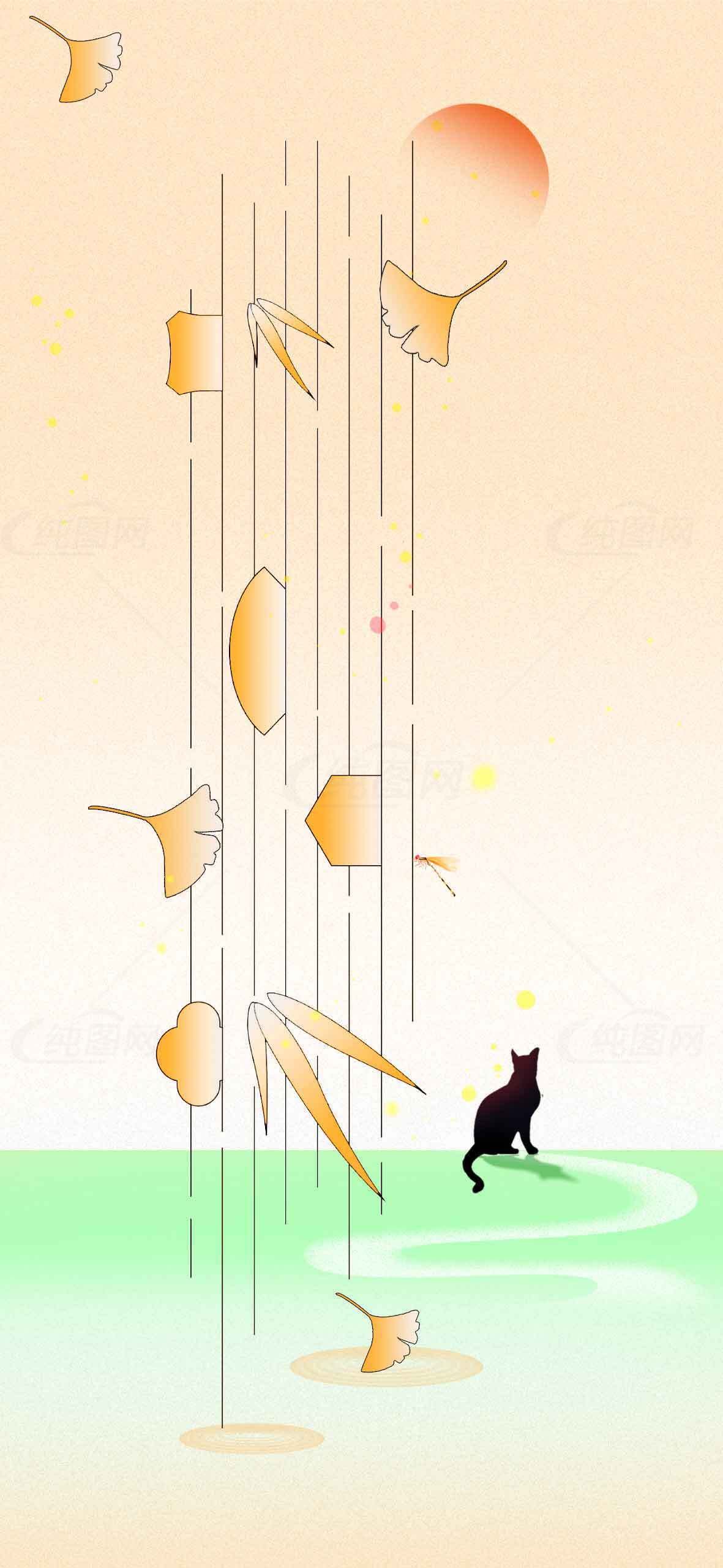 唯美秋日猫与银杏叶插画背景图片素材