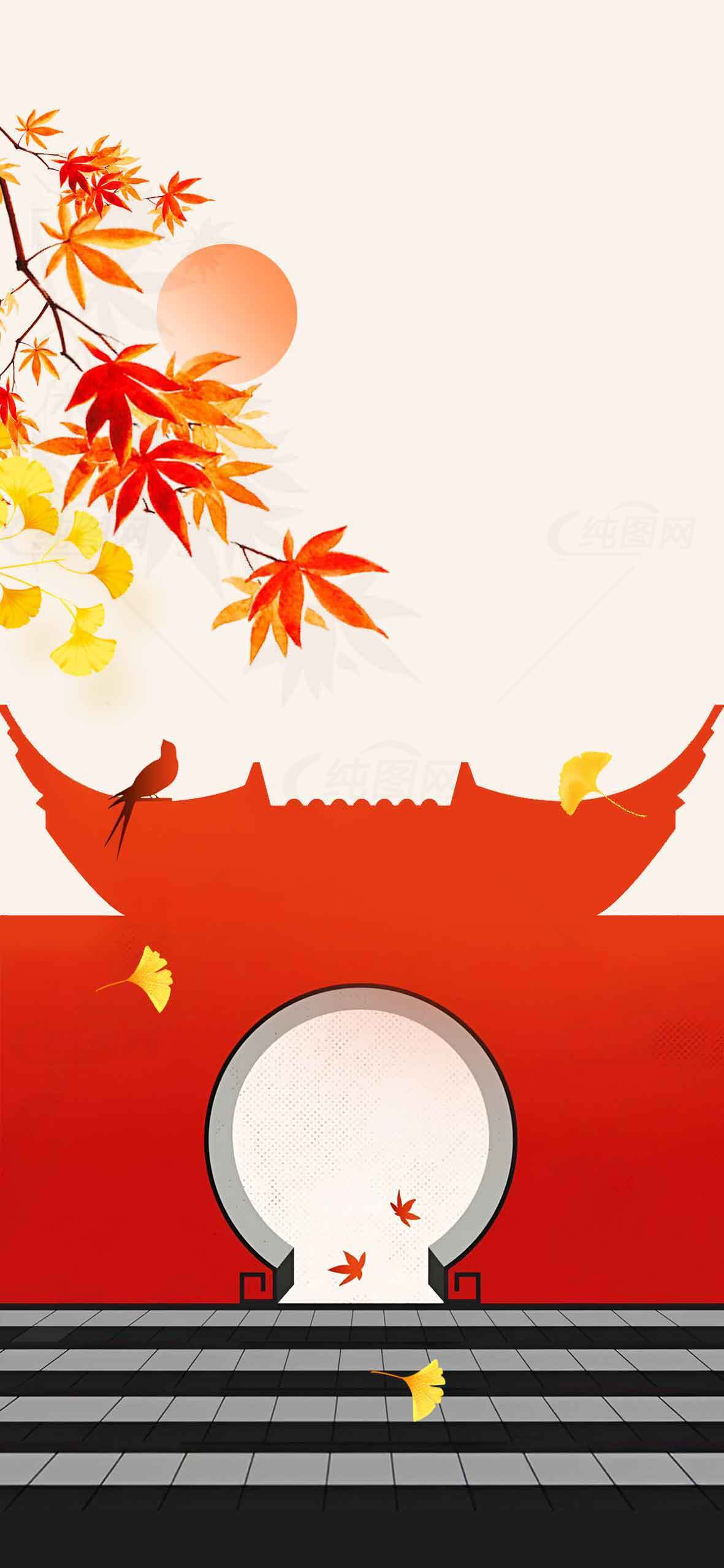 秋季中国传统建筑与红叶背景图片素材