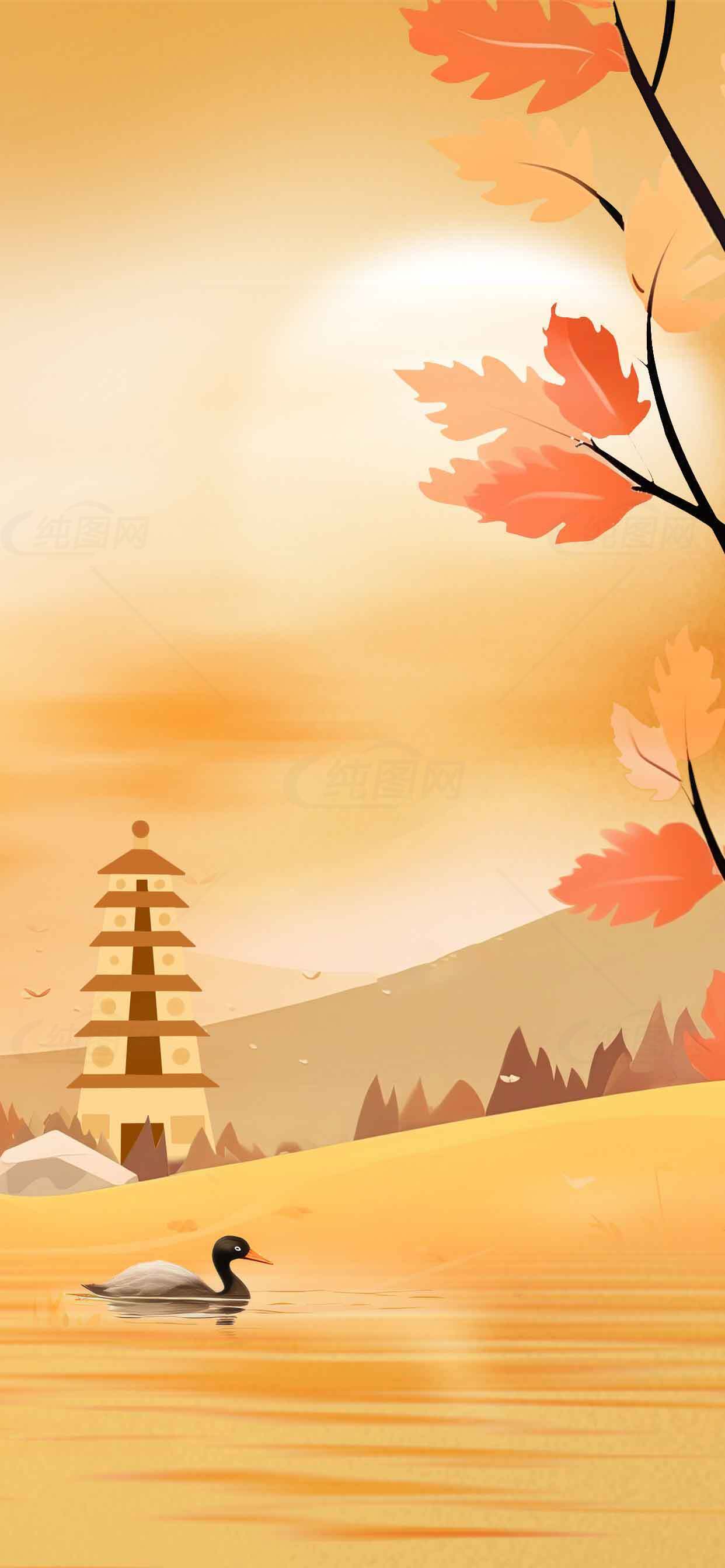 秋季湖畔风景插画：落叶与塔的唯美画面素材