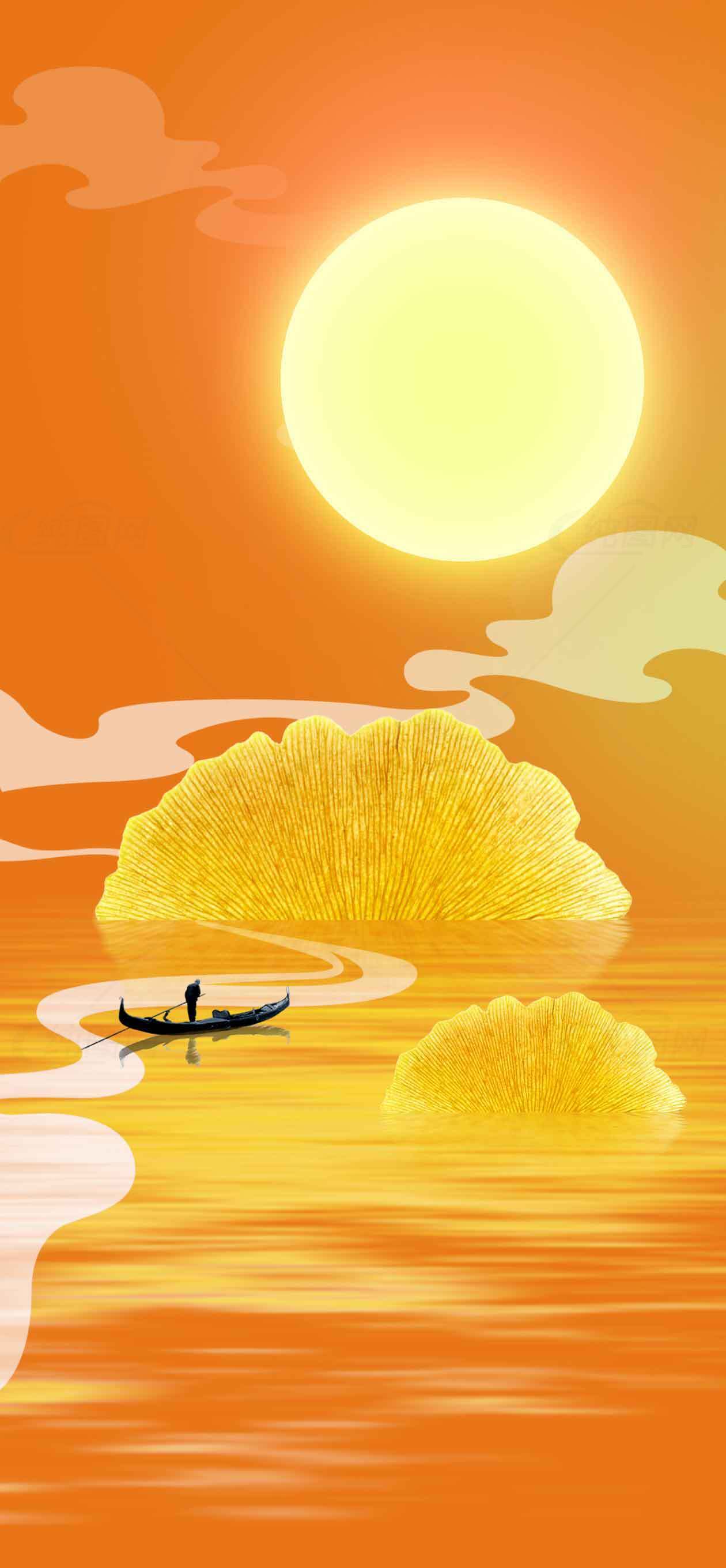 唯美日落湖面风景插画素材