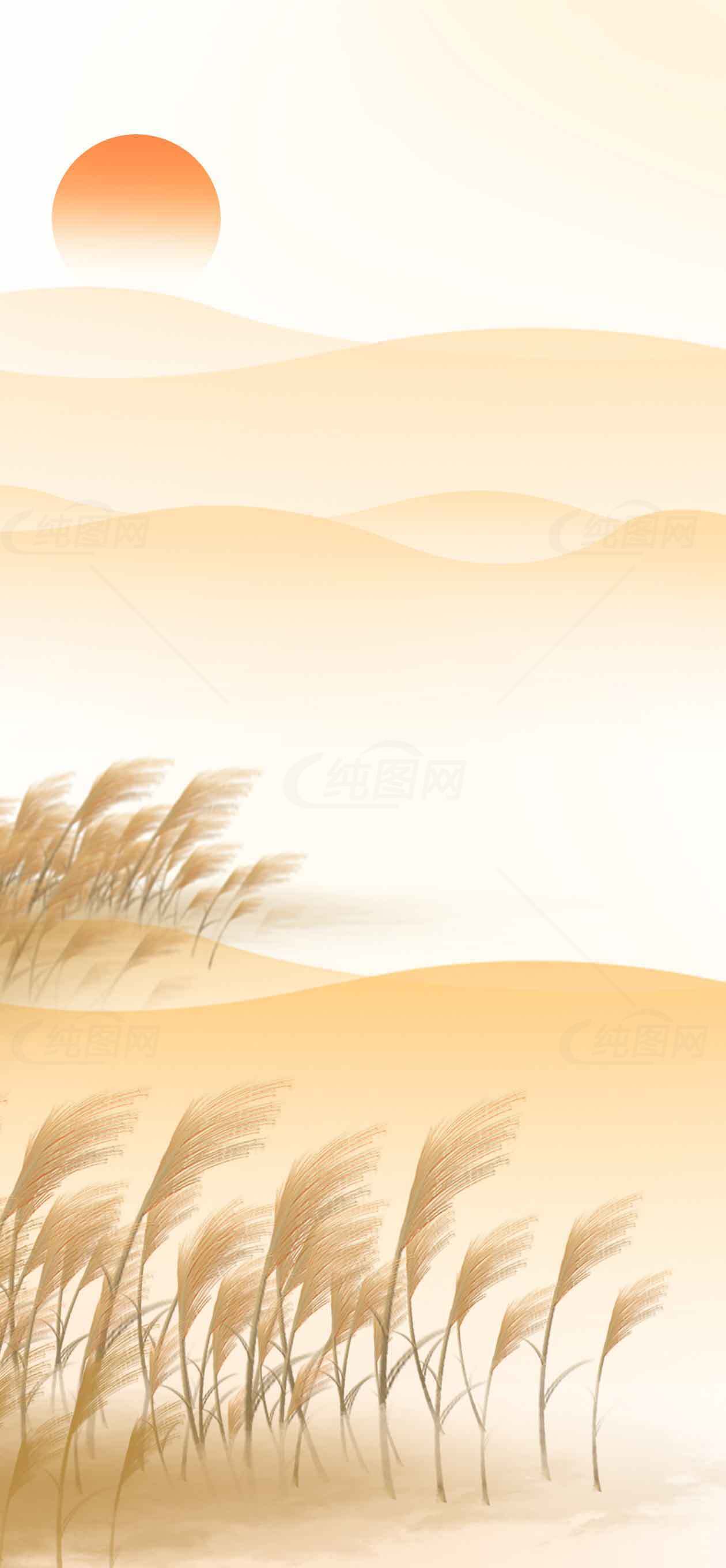唯美秋日夕阳芦苇风景插画背景素材