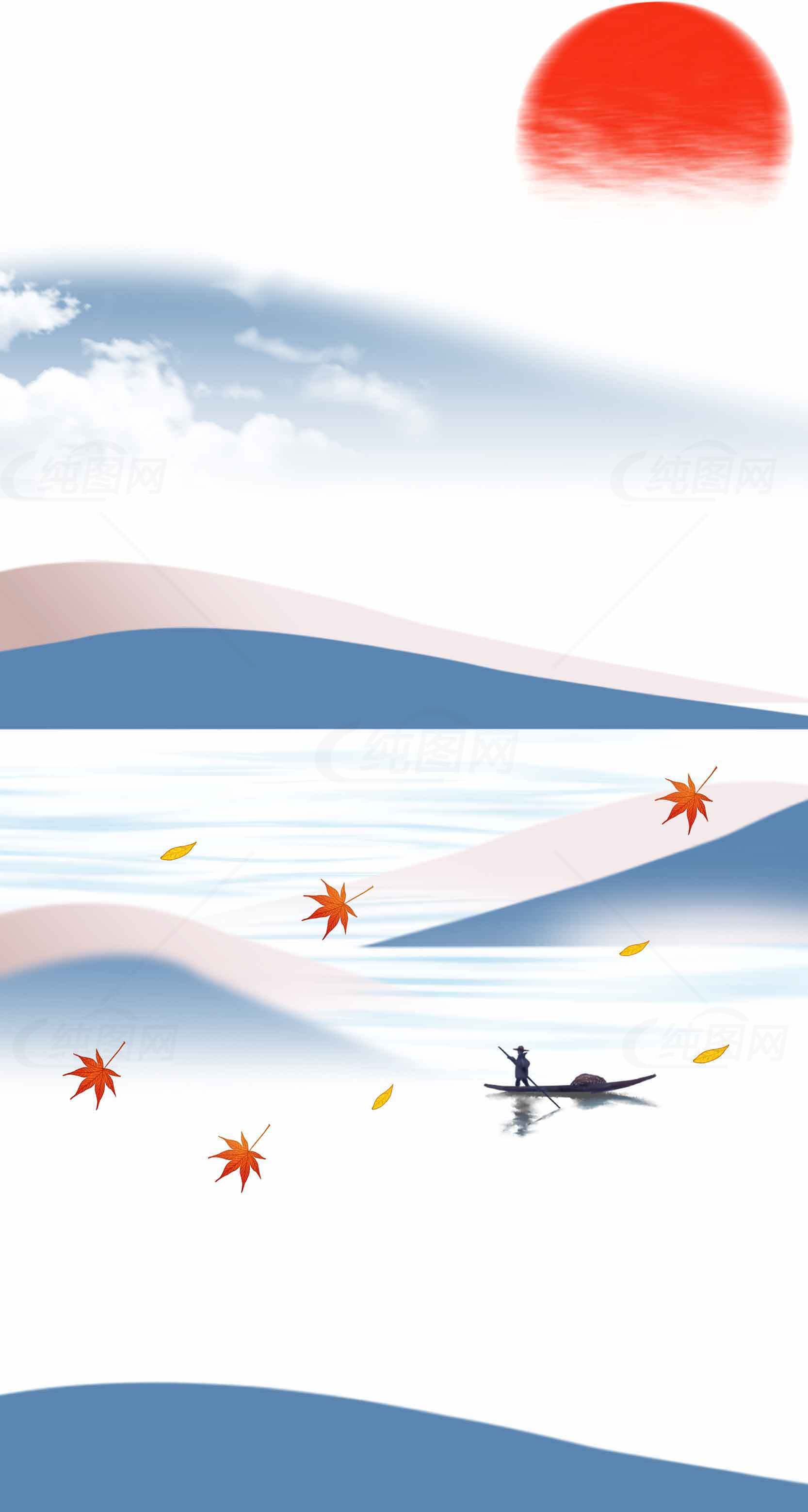 秋日湖上唯美山水画背景图片素材