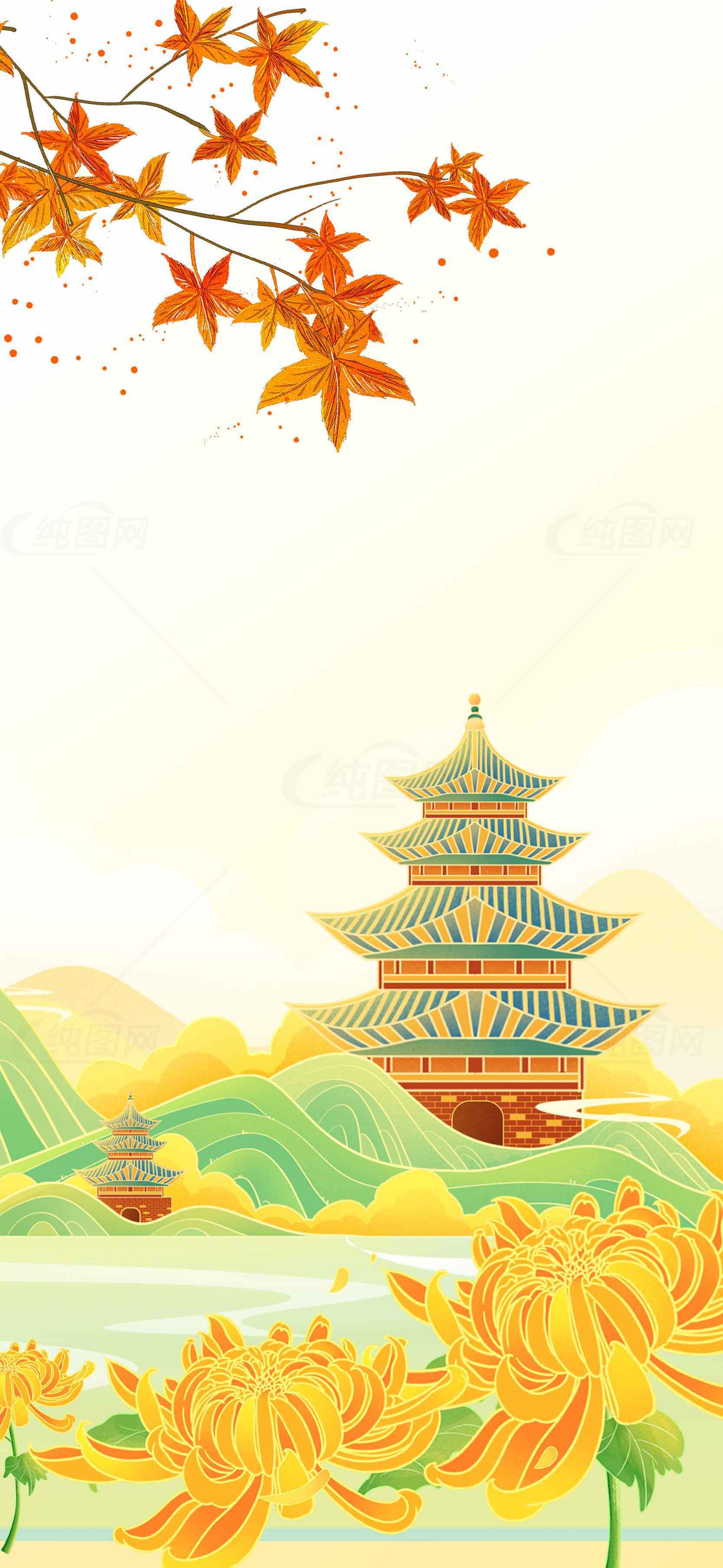 秋季中国传统建筑插画风景图片素材