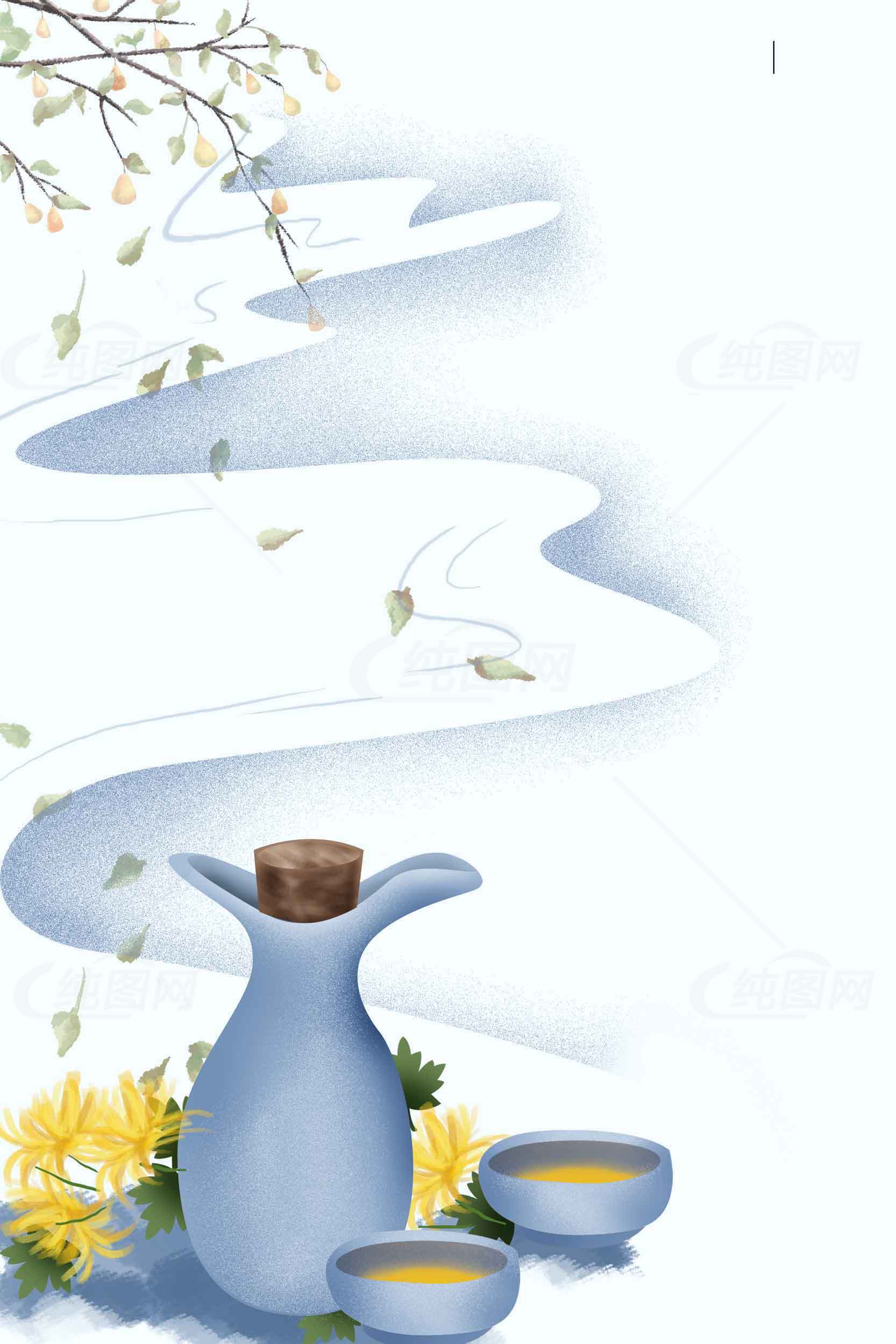 秋日雅致陶瓷酒壶与菊花意境插画素材