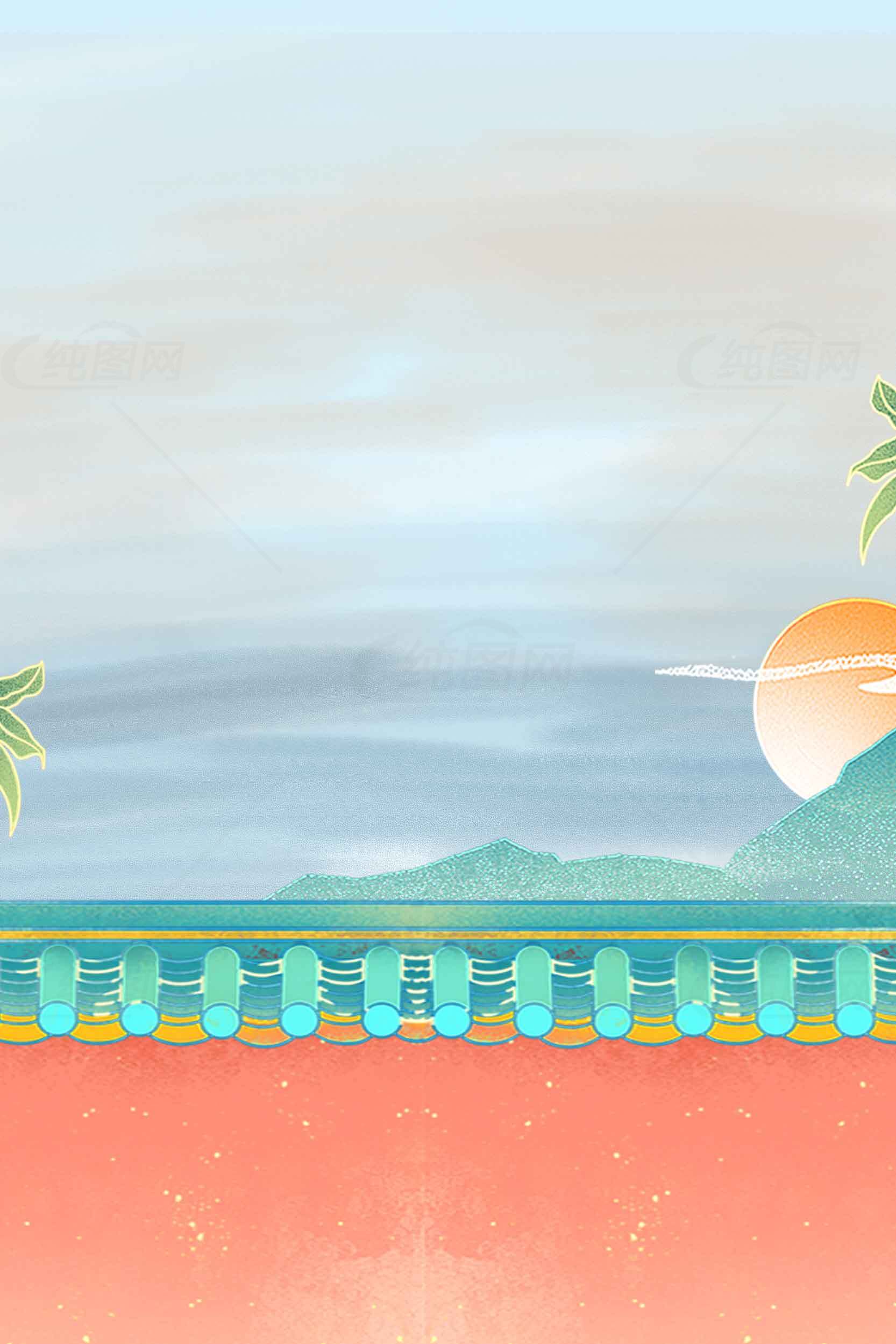 中国风海边日出插画背景图片素材
