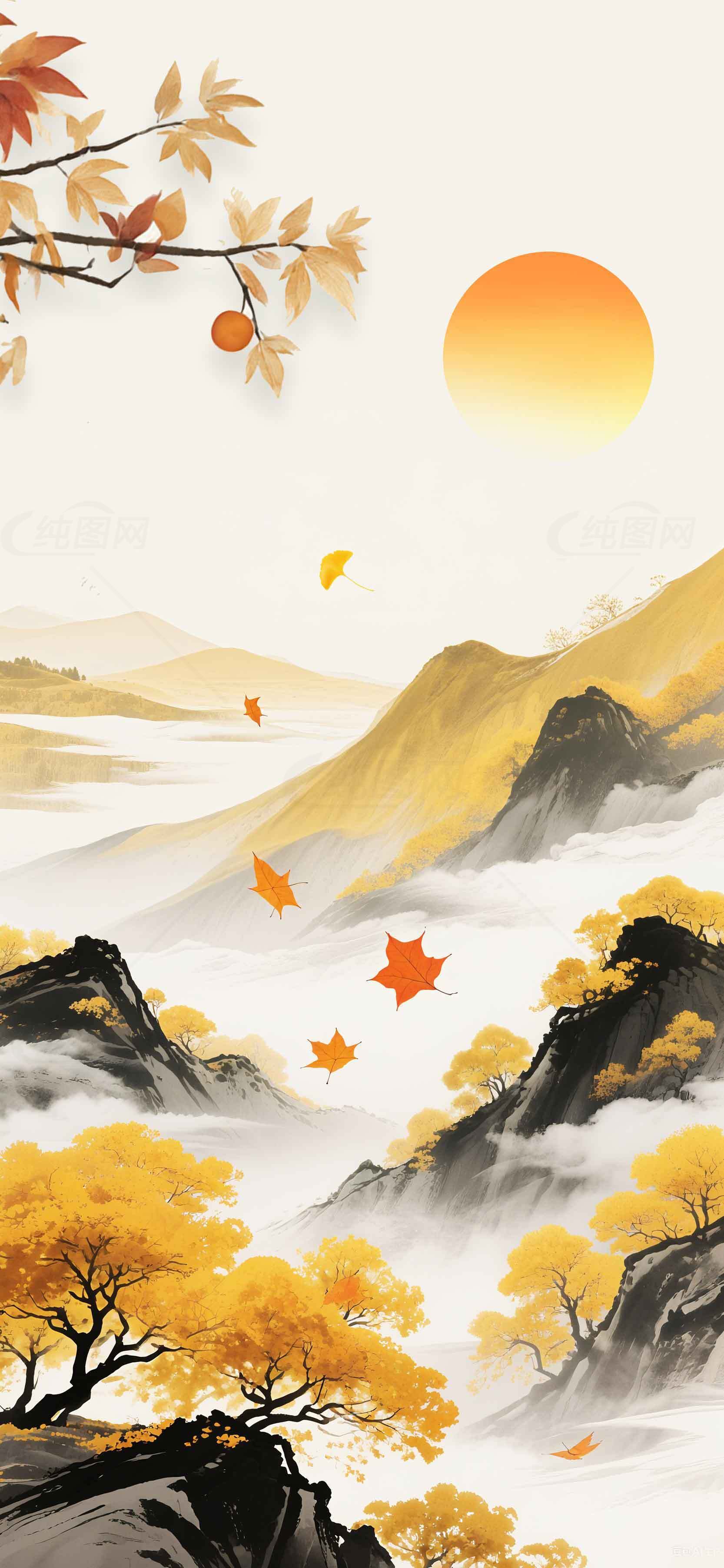 秋日山水国画风景壁纸素材
