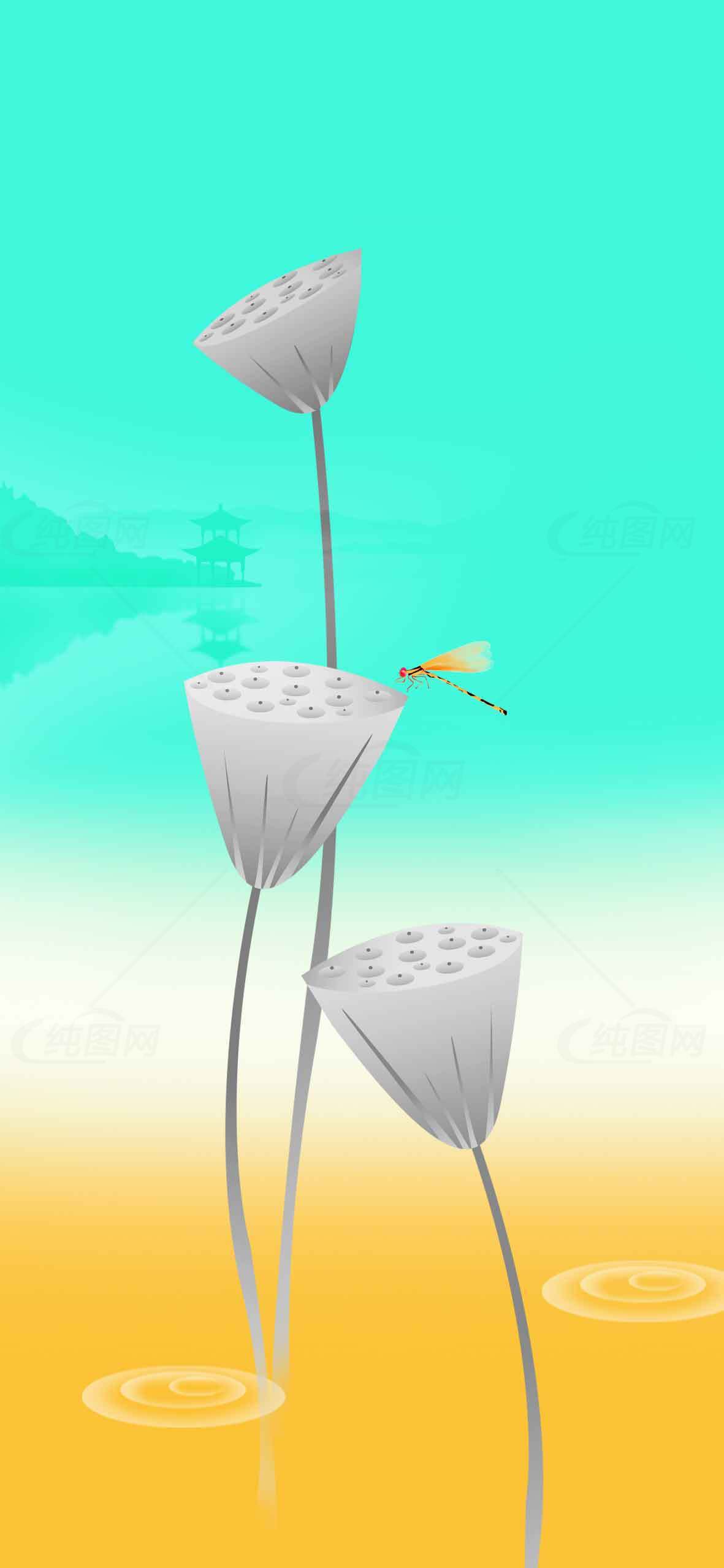 清新荷塘蜻蜓插画背景图片素材