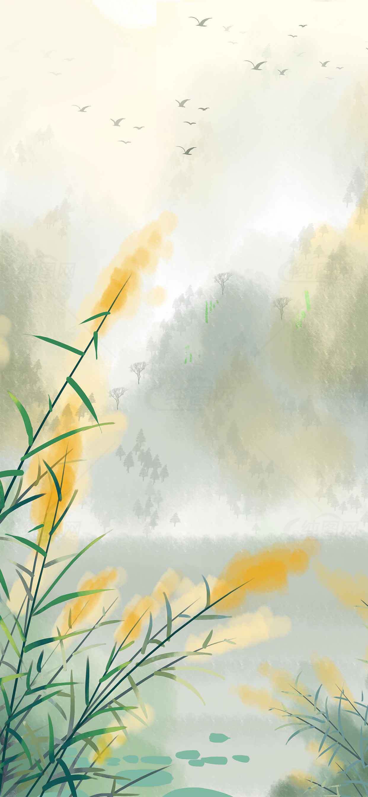 唯美水墨风景画：湖畔芦苇与飞鸟素材