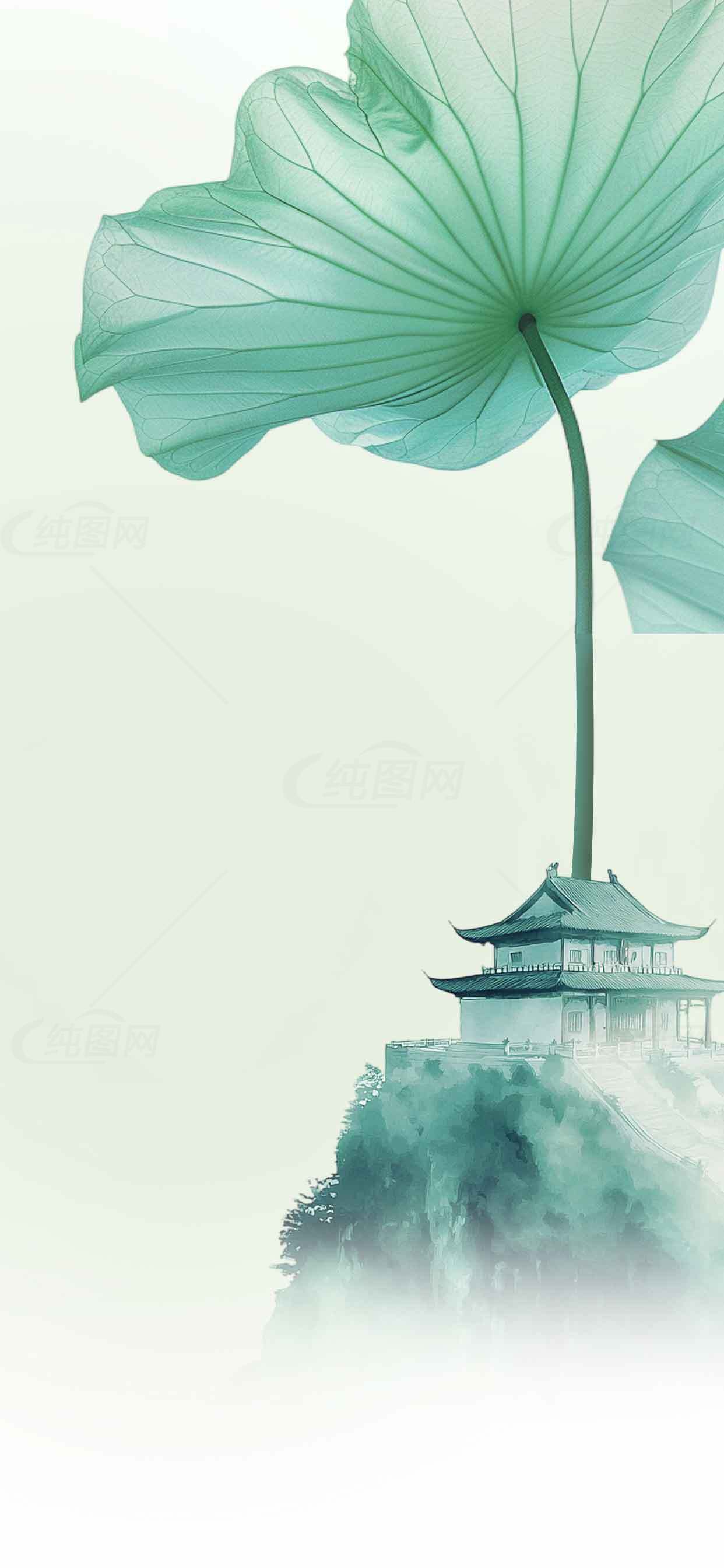 中国风荷叶与古建筑意境插画素材