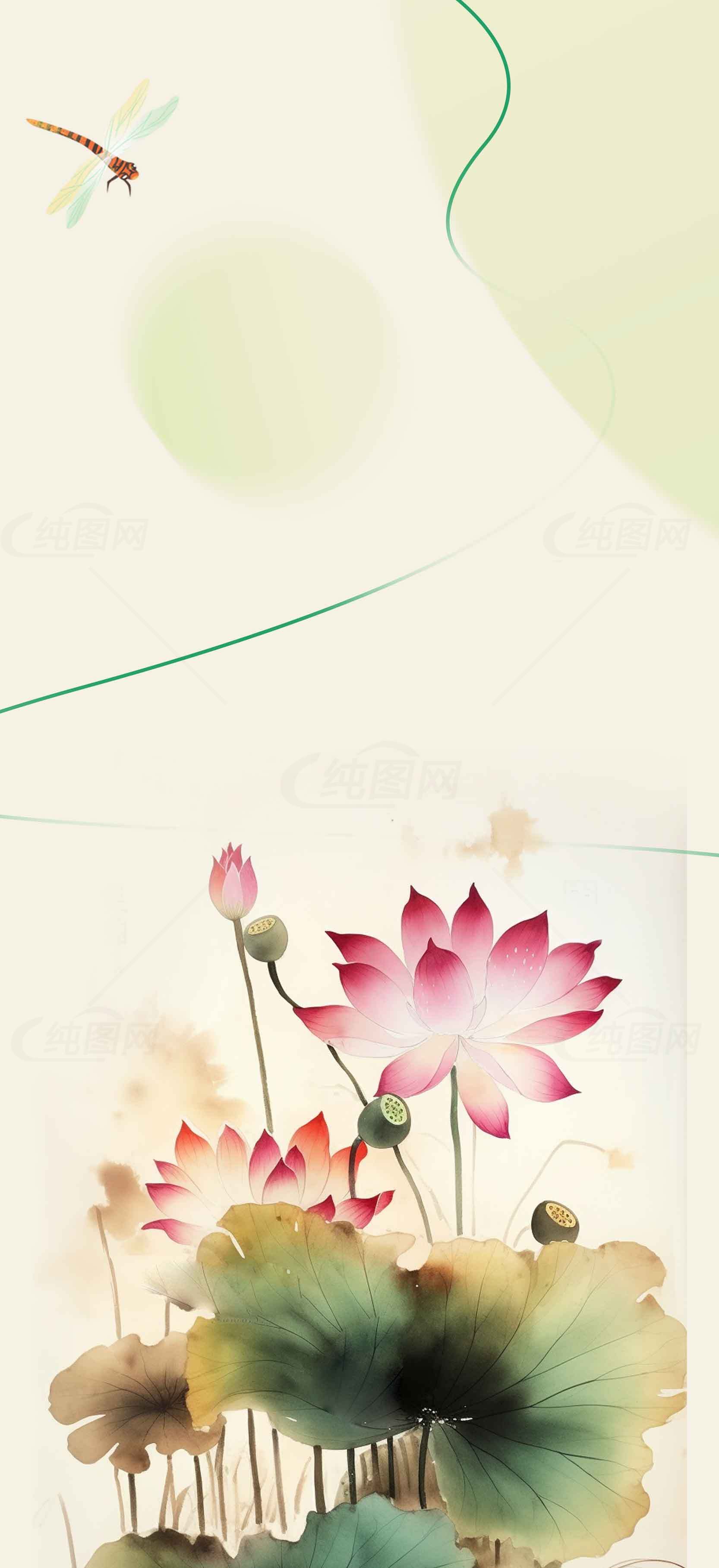 水墨风格荷花蜻蜓唯美背景图片素材