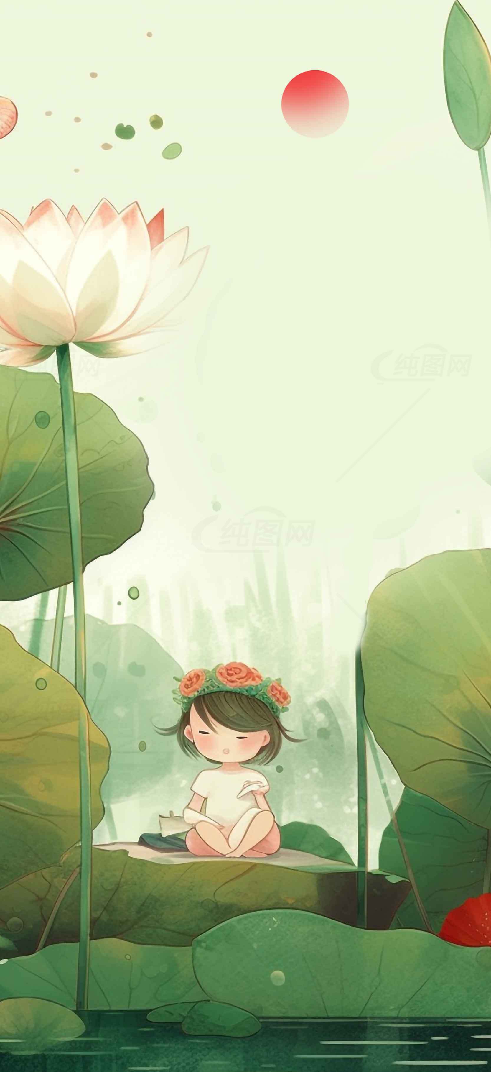 清新荷塘少女插画唯美壁纸素材