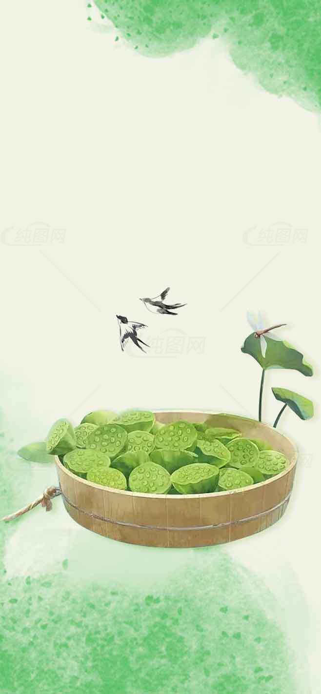 清新荷叶与竹篮意境插画背景图片素材