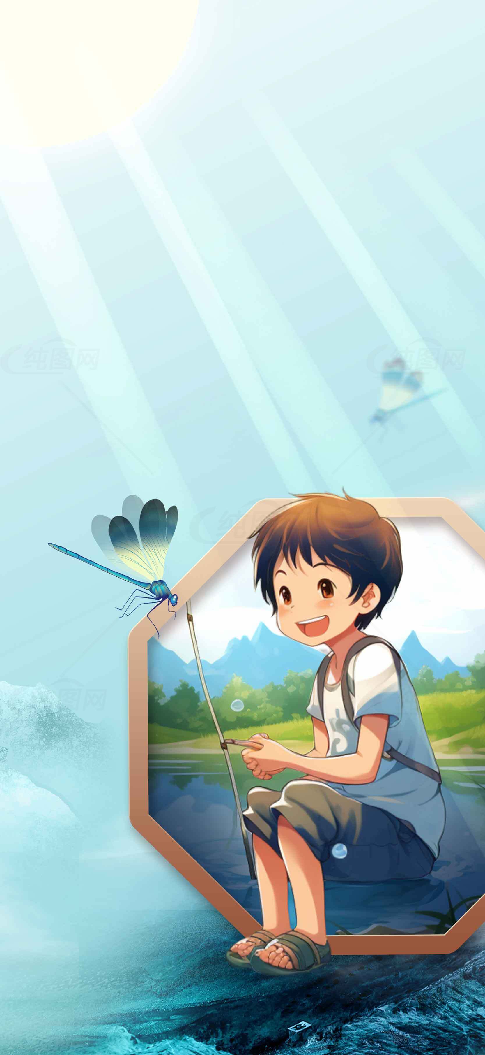 夏日田园风光插画：男孩与蜻蜓的童趣时光素材