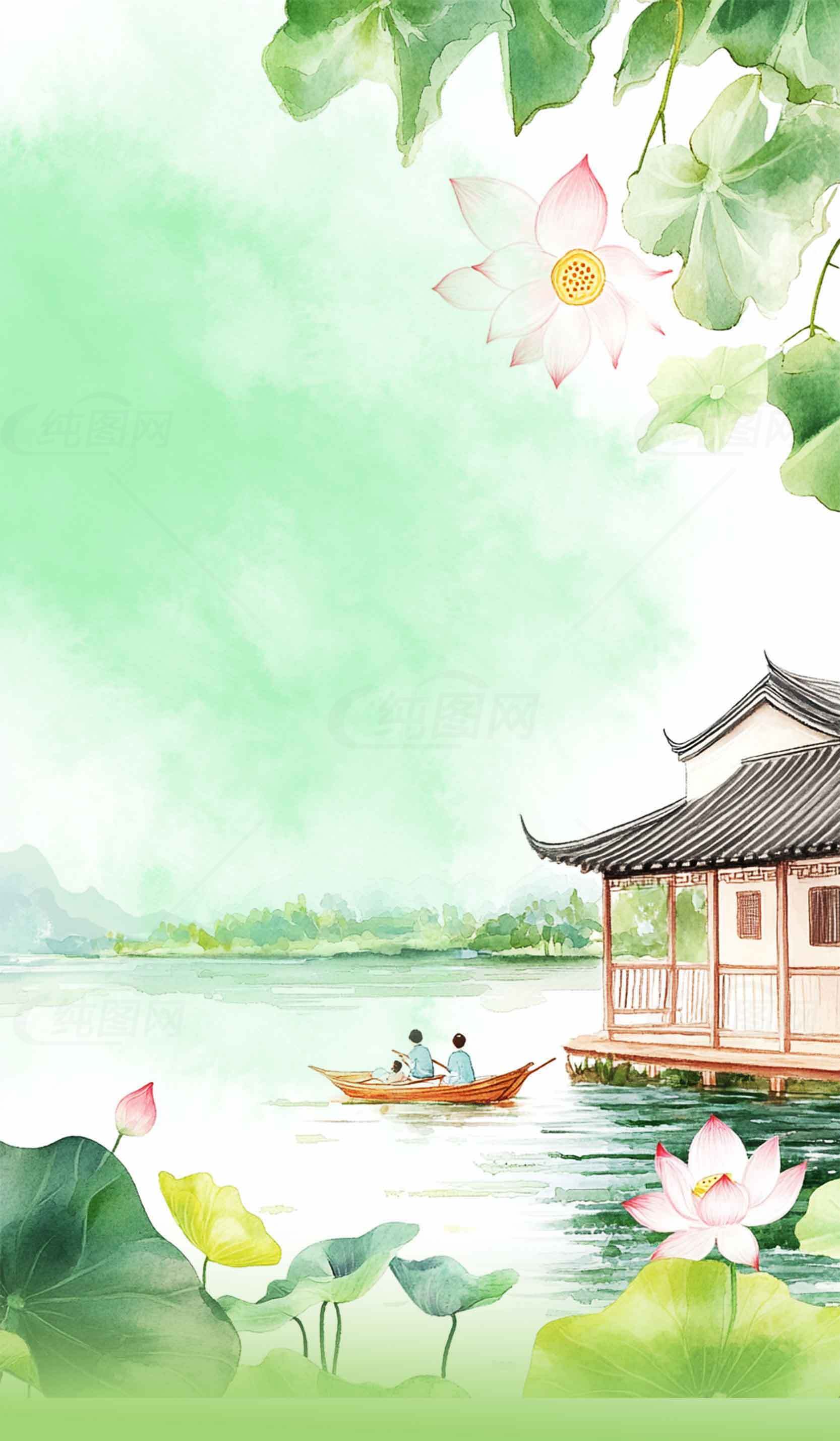 江南水乡唯美水彩画风景图片素材