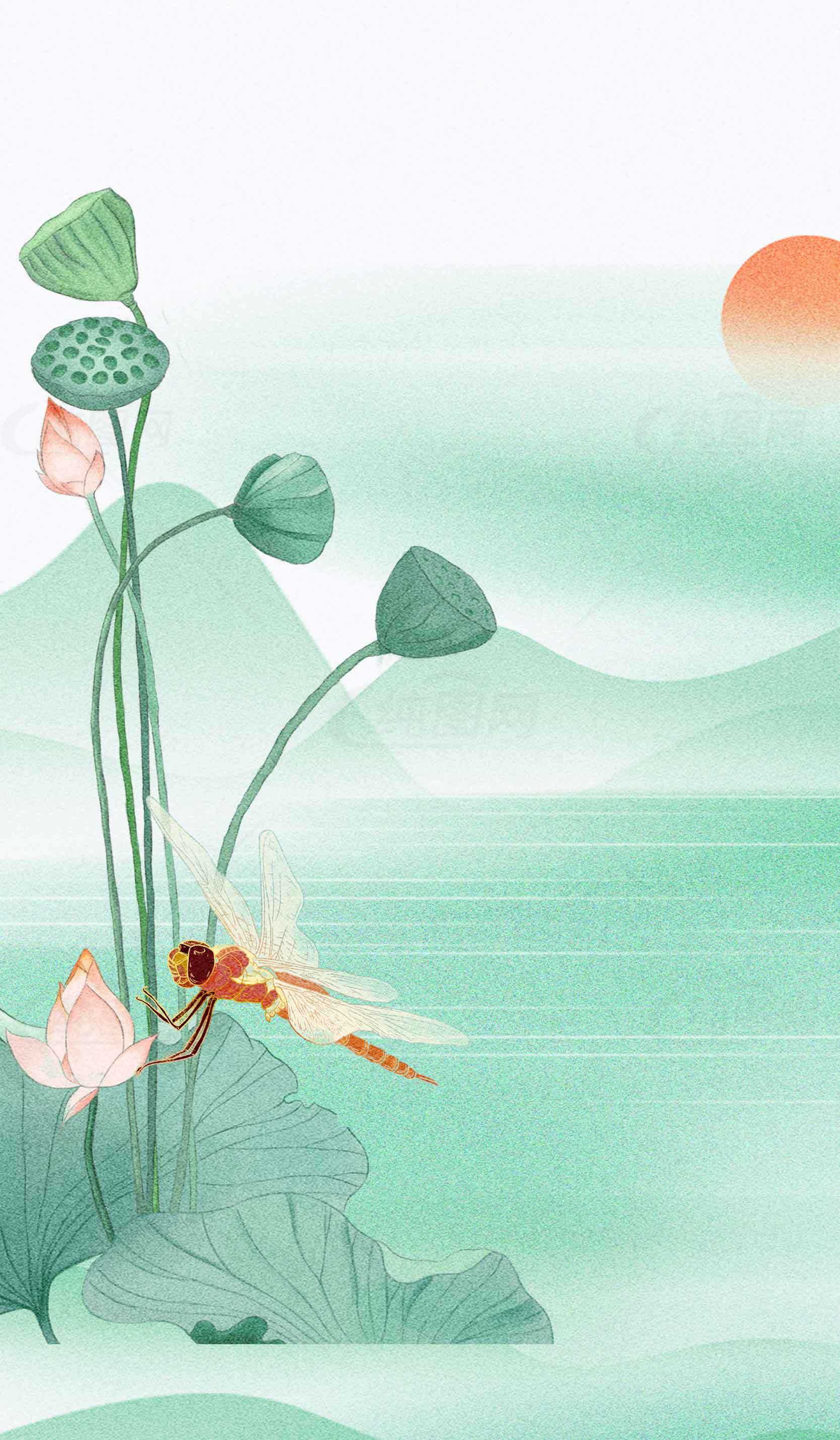 水墨画风荷花与蜻蜓唯美背景图片素材