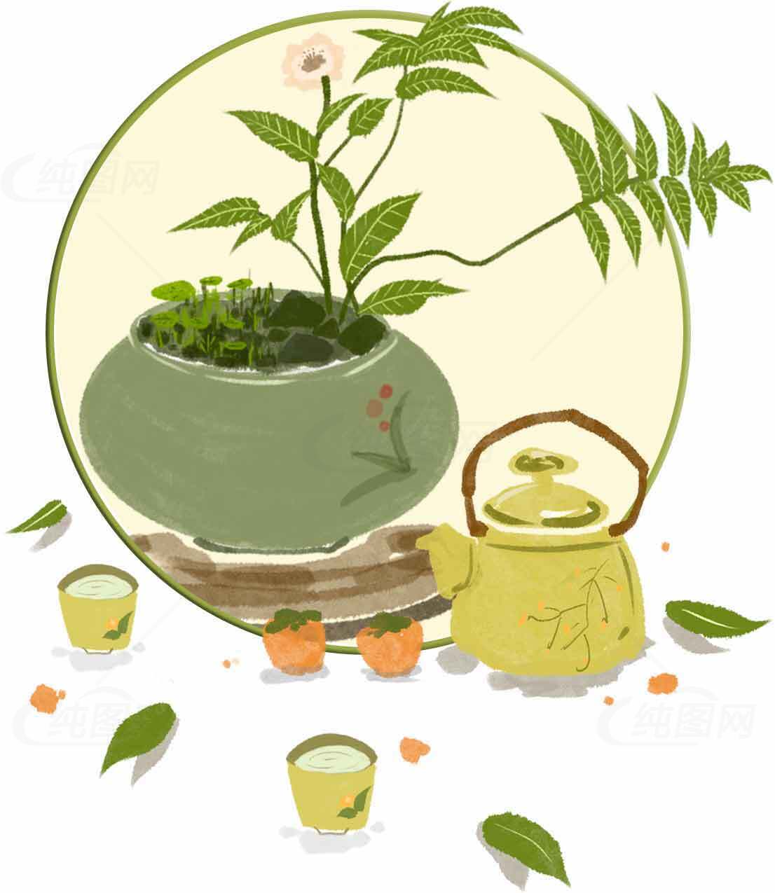 清新茶艺插画：绿植与茶壶的和谐搭配素材
