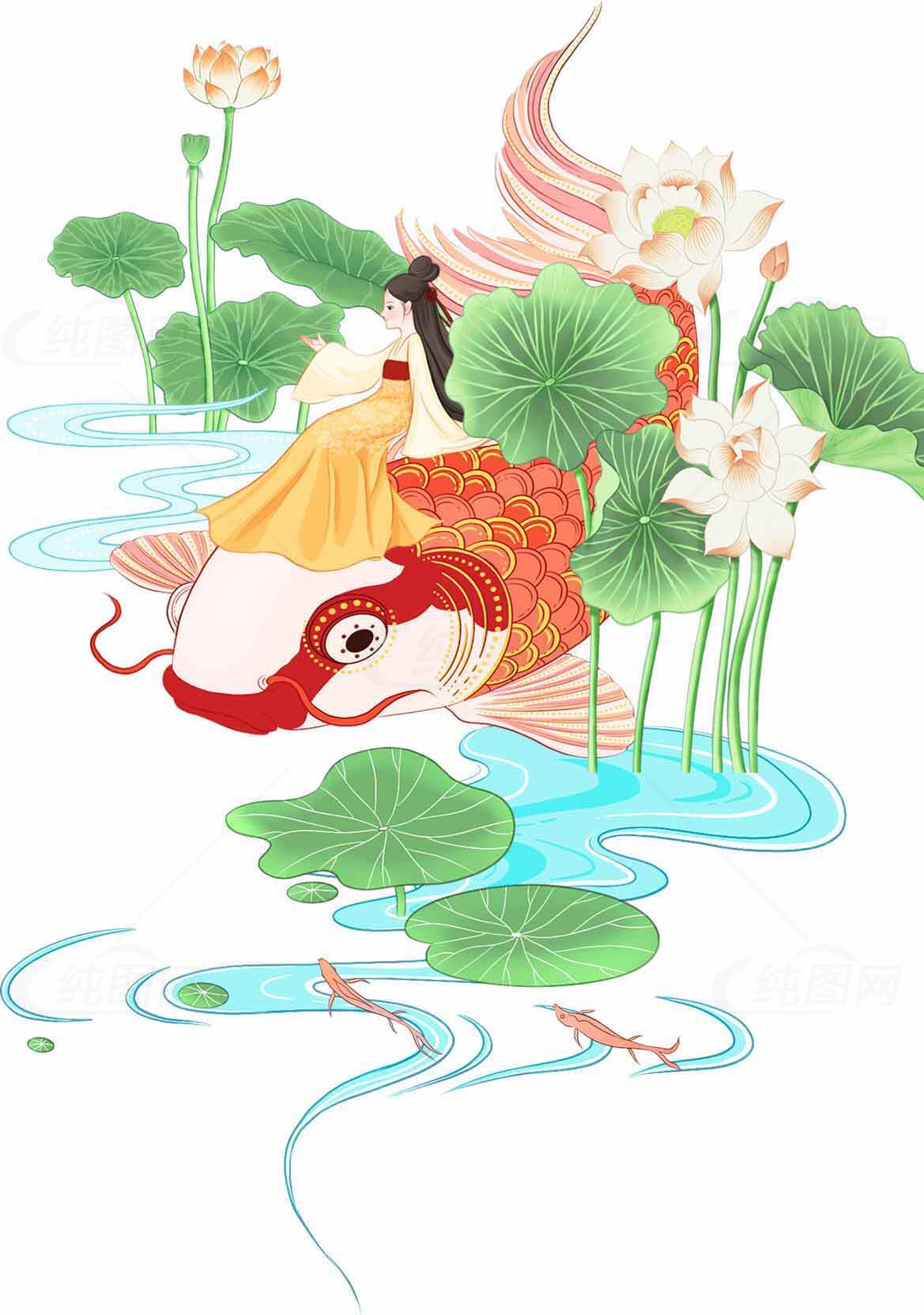 国风唯美荷花与锦鲤插画设计素材