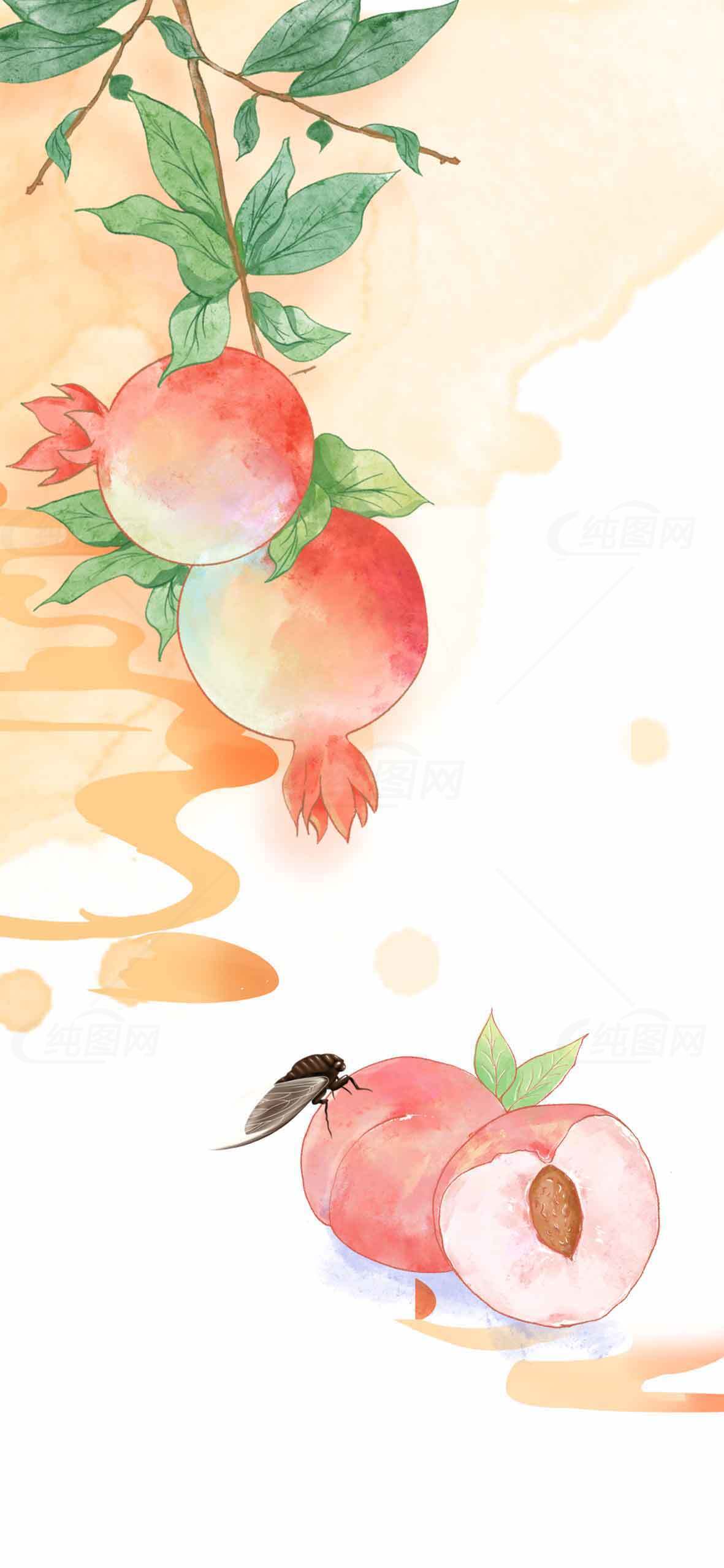 手绘石榴与蜜桃插画设计图片素材