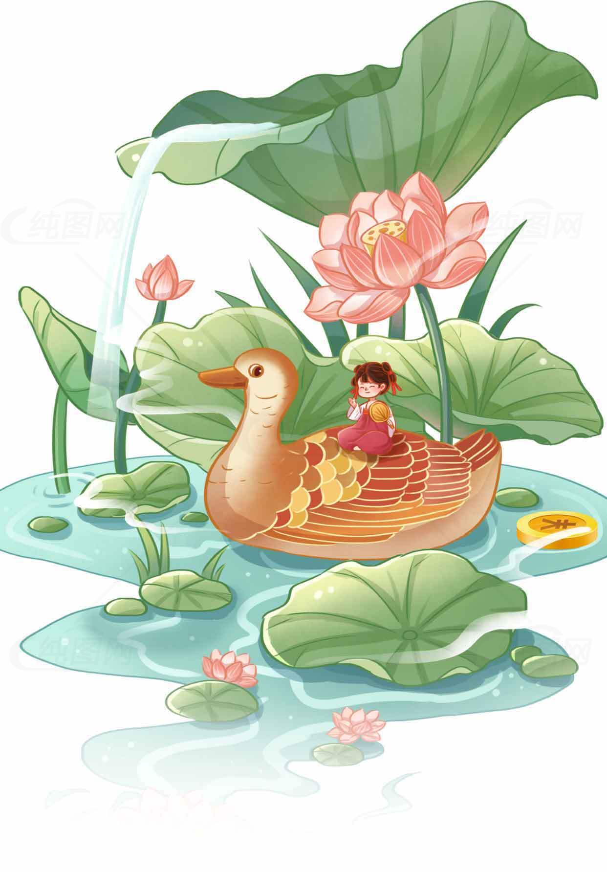 童趣荷塘与鸭子插画素材