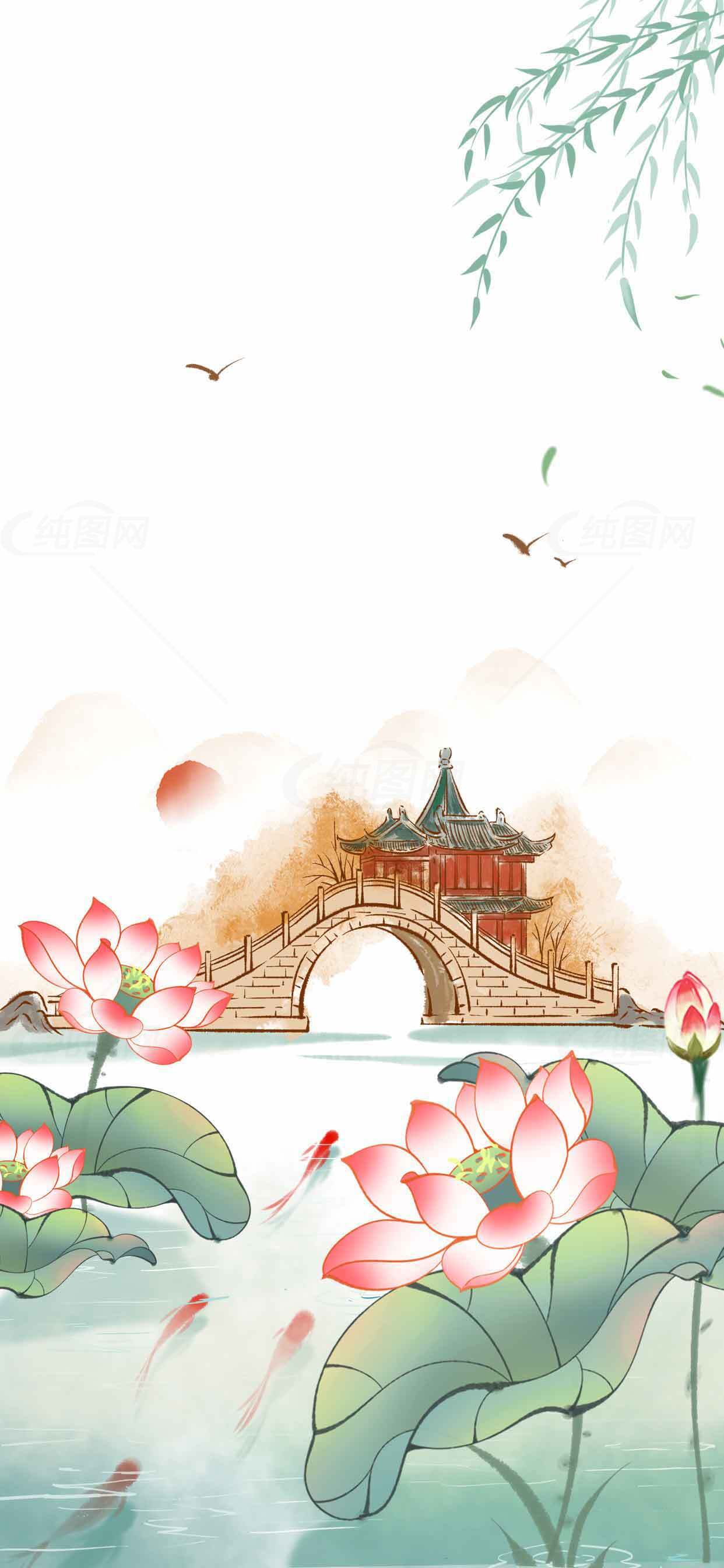 中国古风水墨画荷花与桥景唯美意境素材
