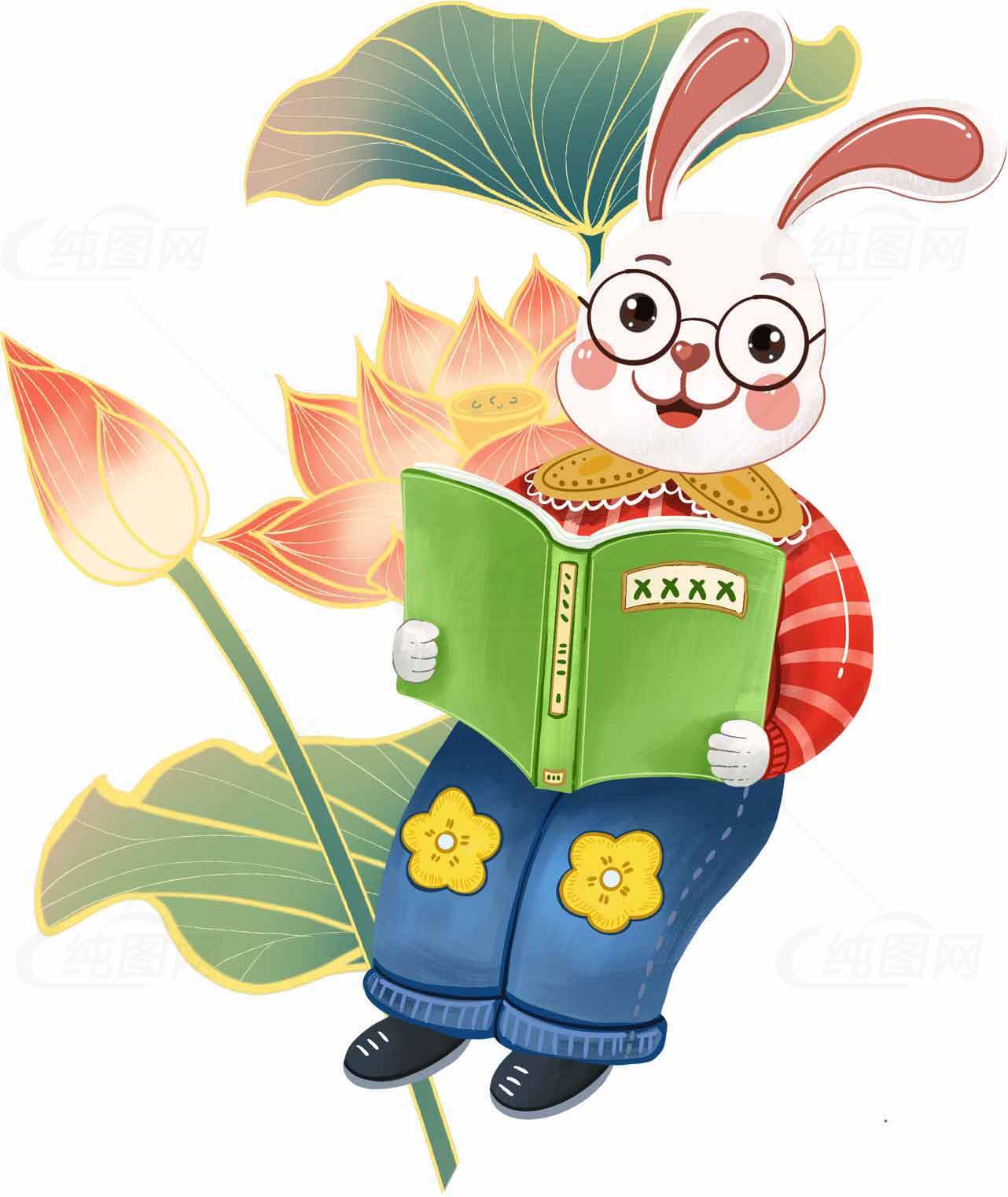 可爱兔子读书插画图片素材