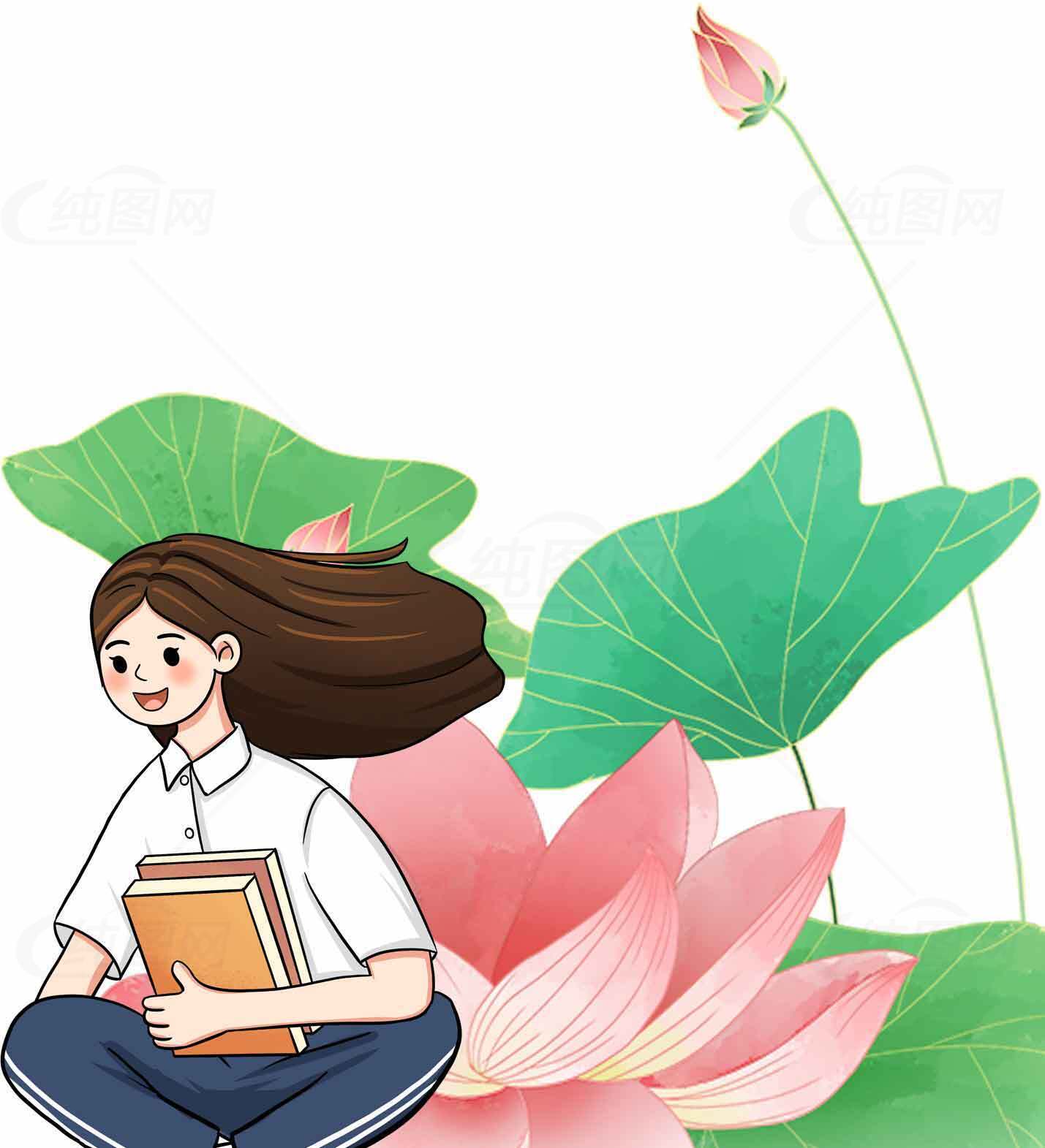 清新荷花背景的学生插画设计素材