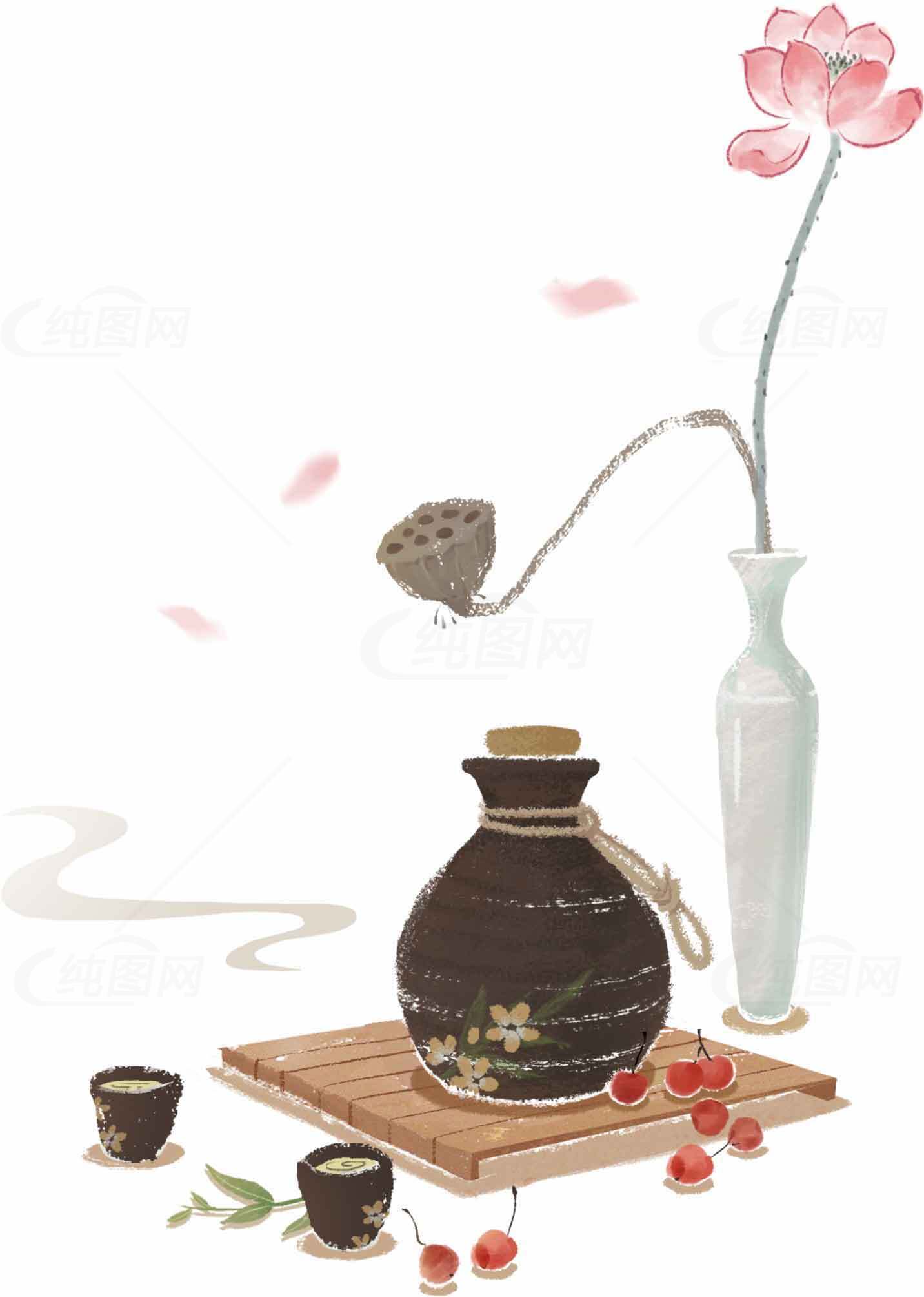 中国传统酒文化与莲花意境插画素材
