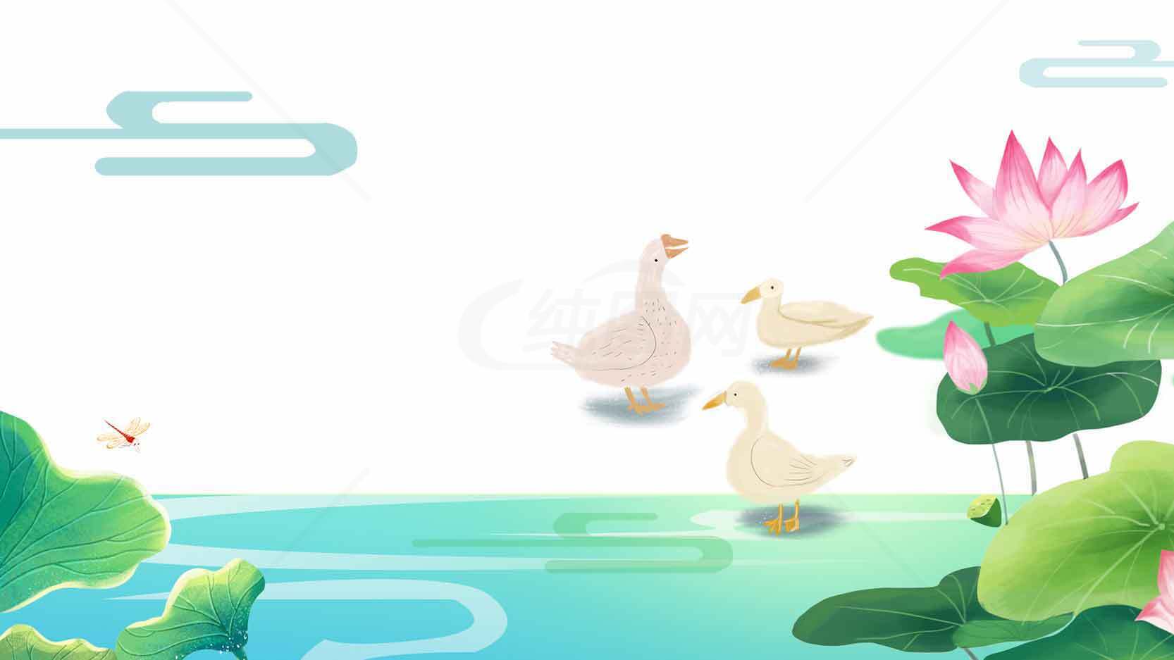 荷塘白鹅水墨风景插画素材