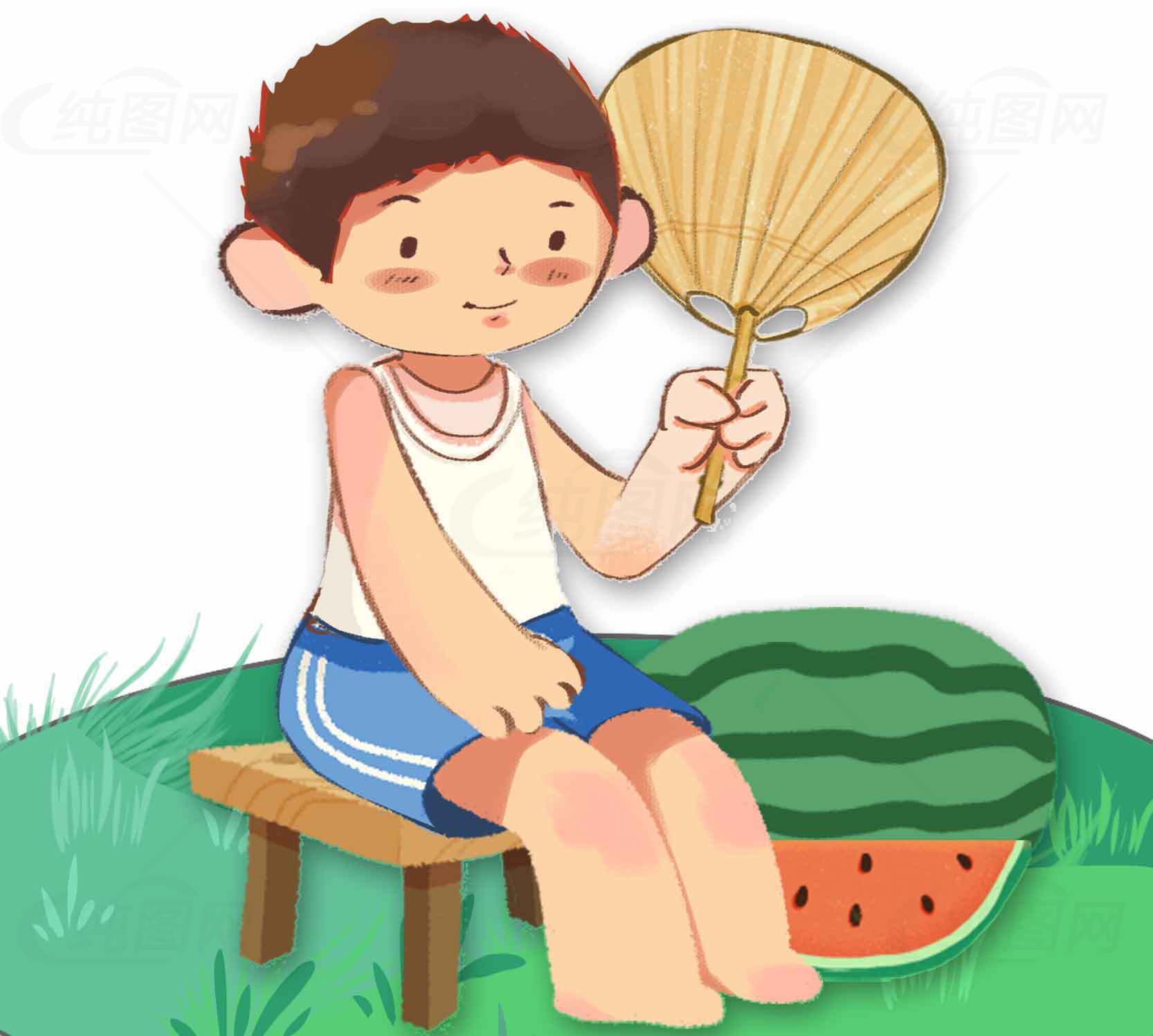 夏日清凉插画：吃西瓜与蒲扇的童趣场景素材