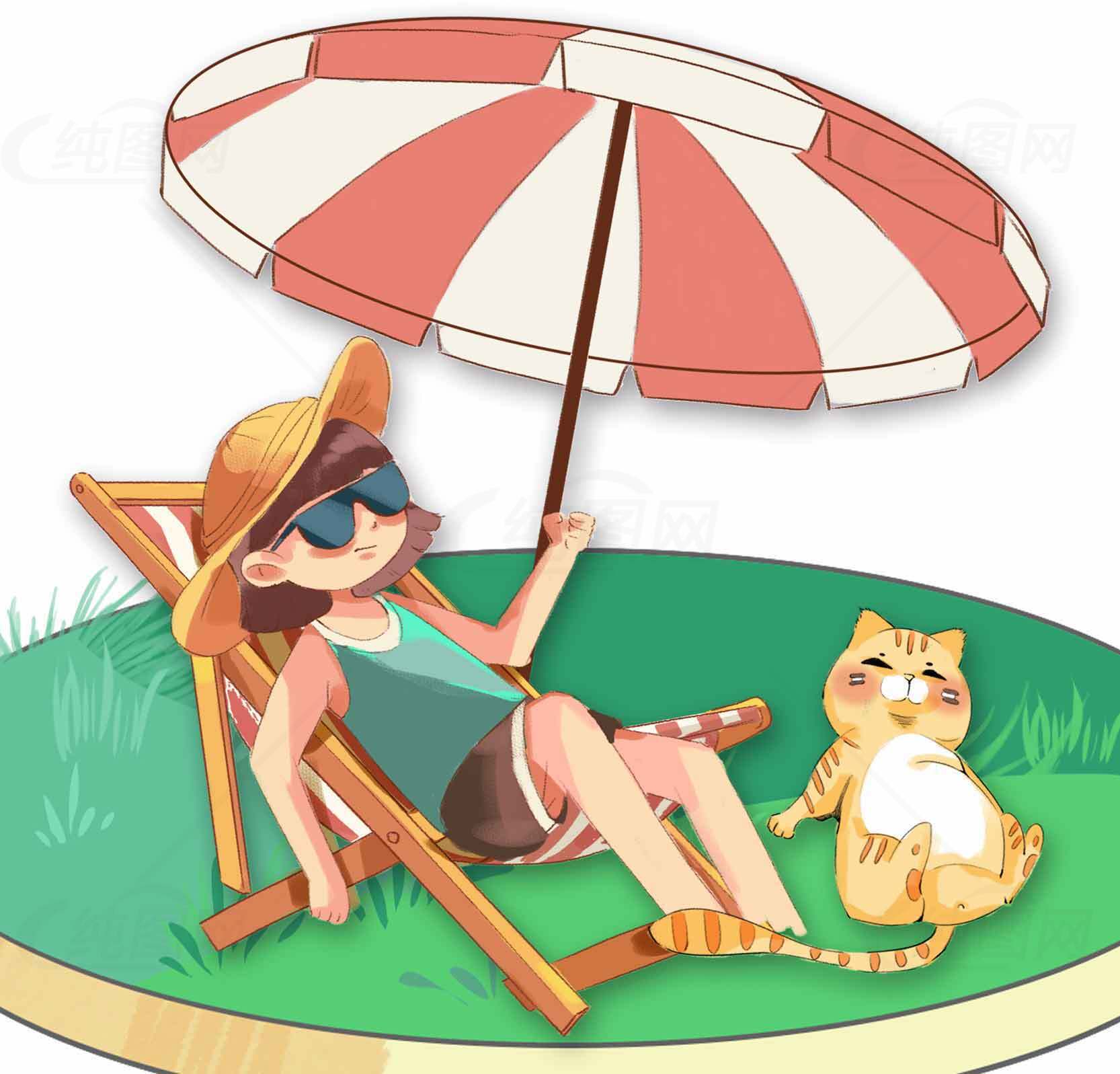 夏日休闲阳伞下的女孩与猫插画素材
