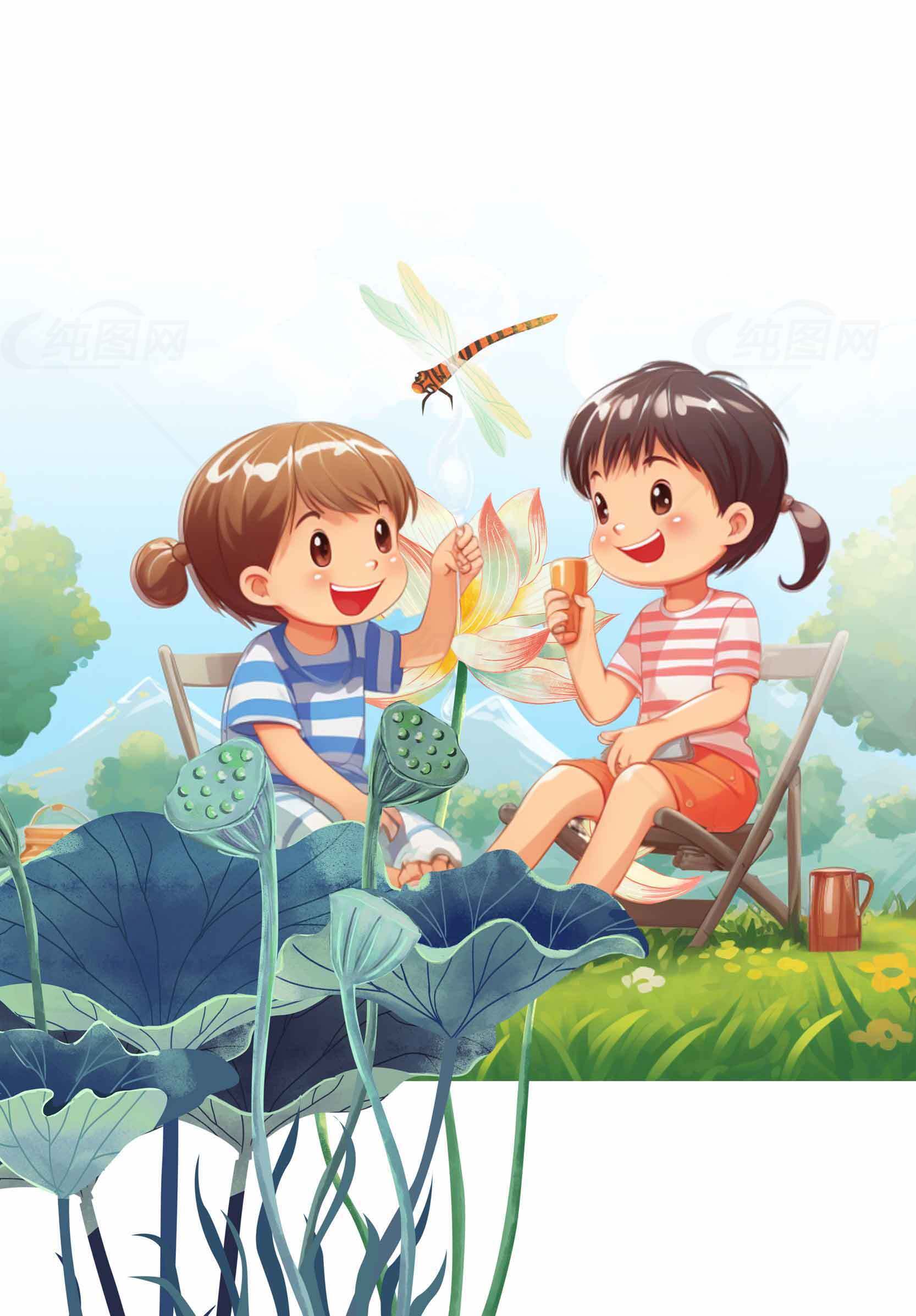 夏日荷塘儿童趣味时光插画素材