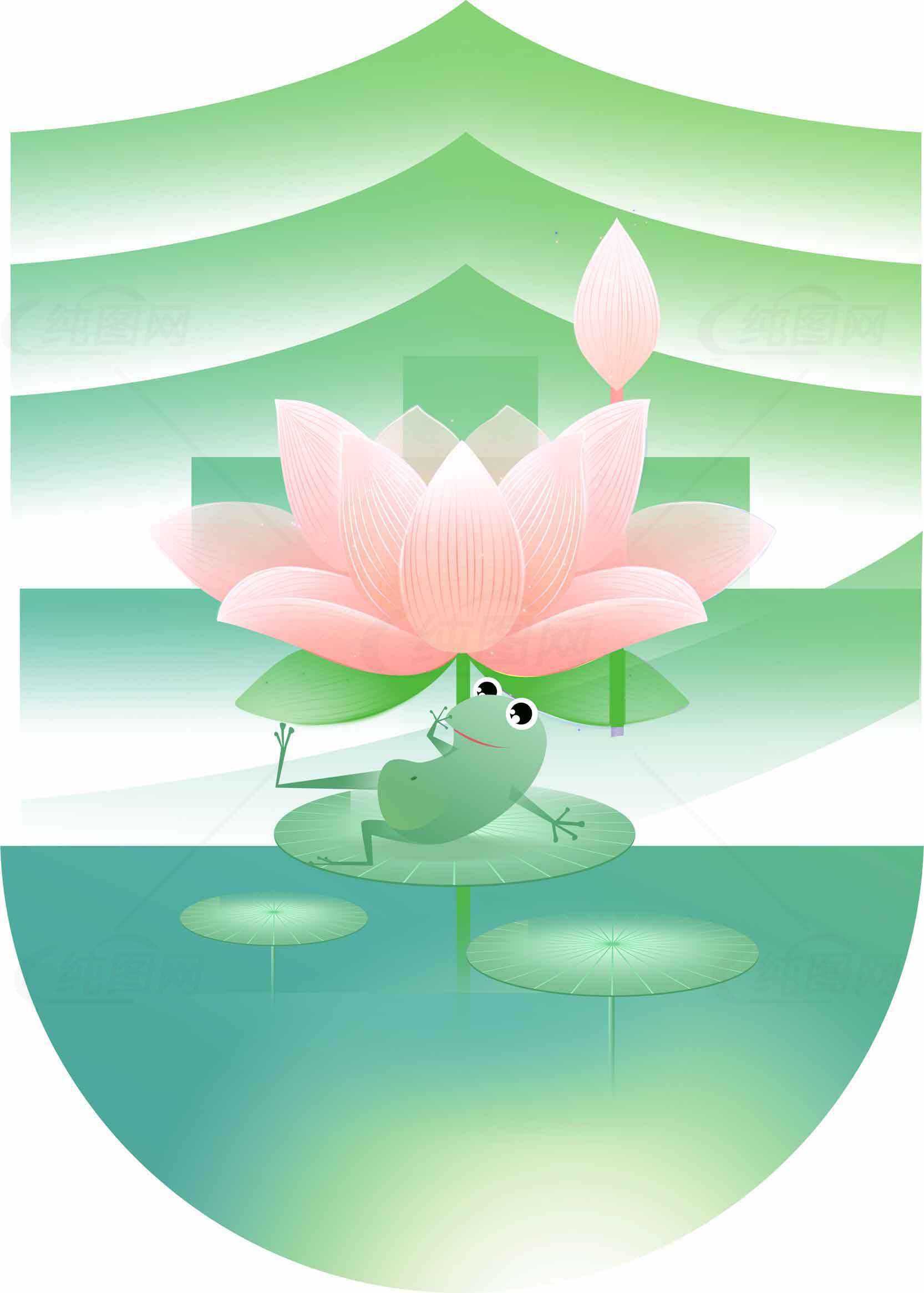 荷花与青蛙的清新插画设计素材