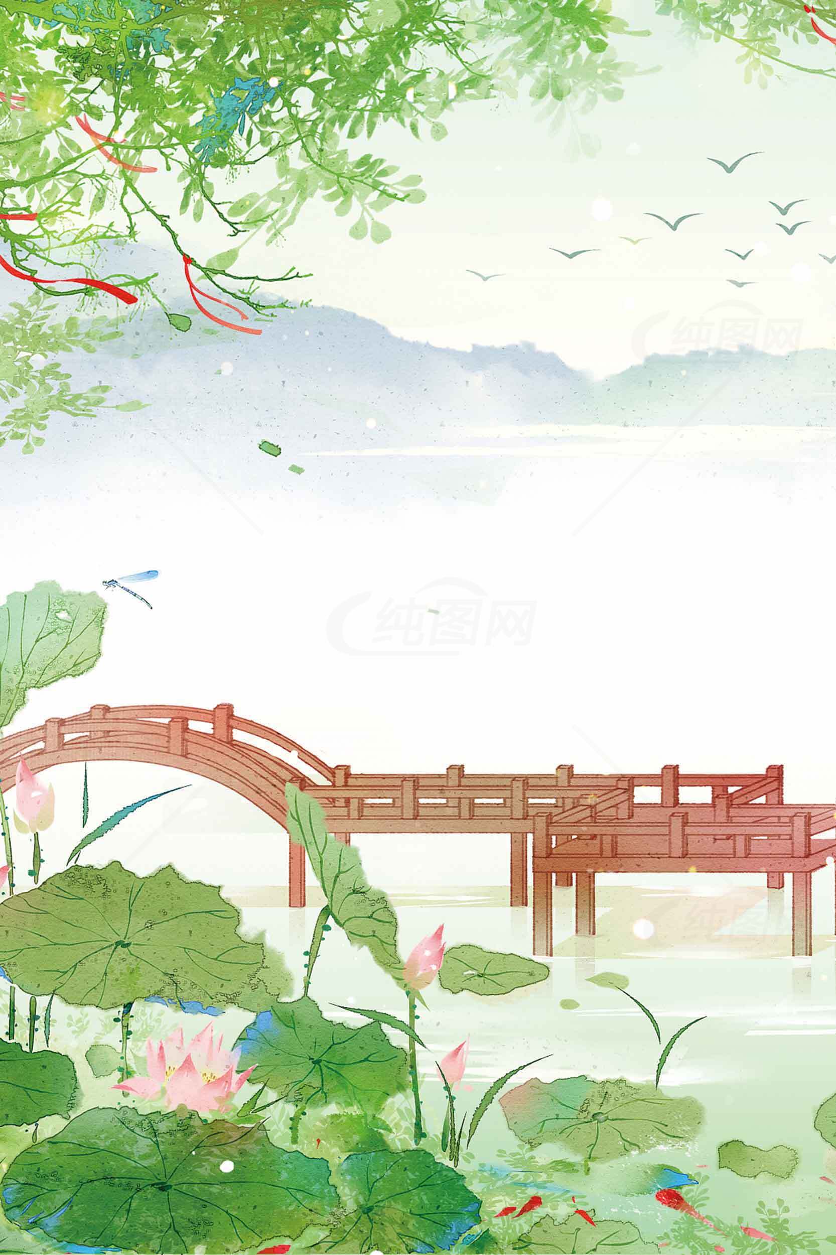 唯美中国风水墨画湖畔小桥风景图片素材