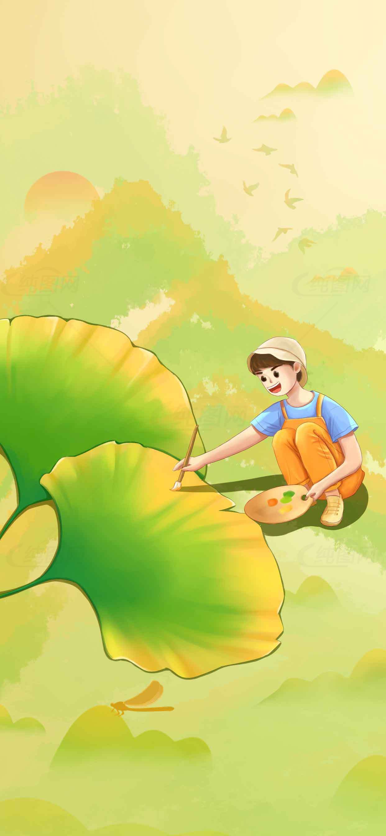 自然风景插画：荷叶与绘画创作场景素材