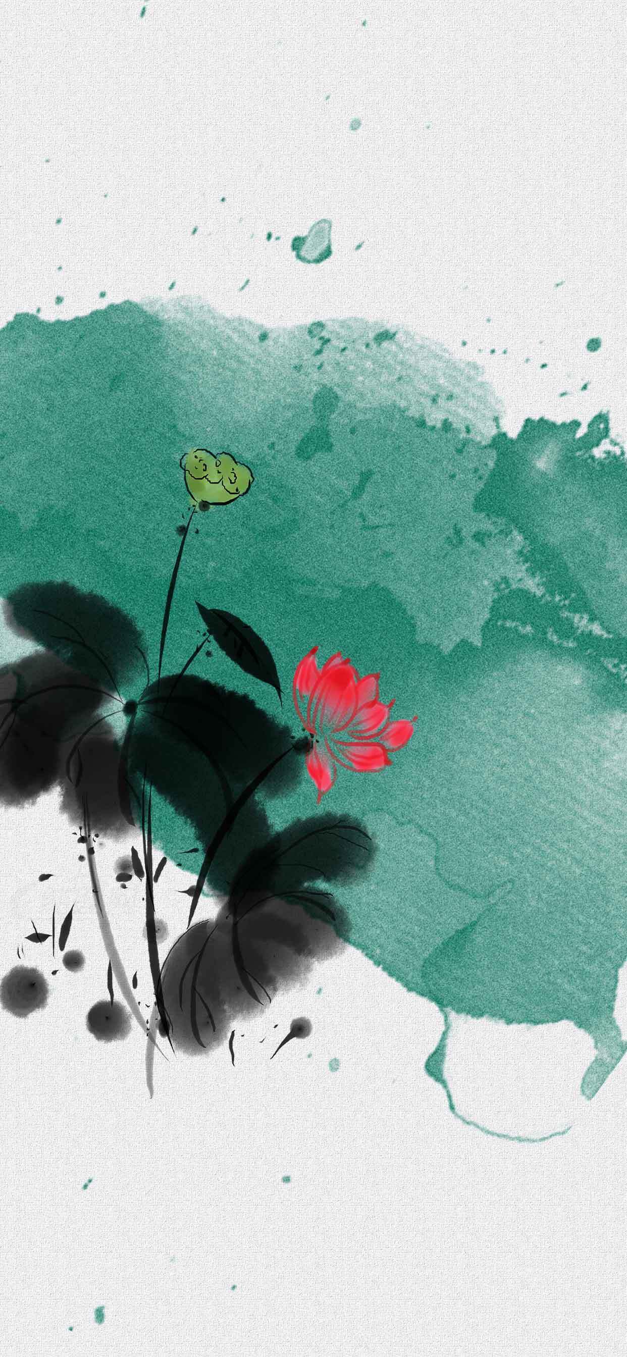 墨绿色水墨画荷花背景图片素材