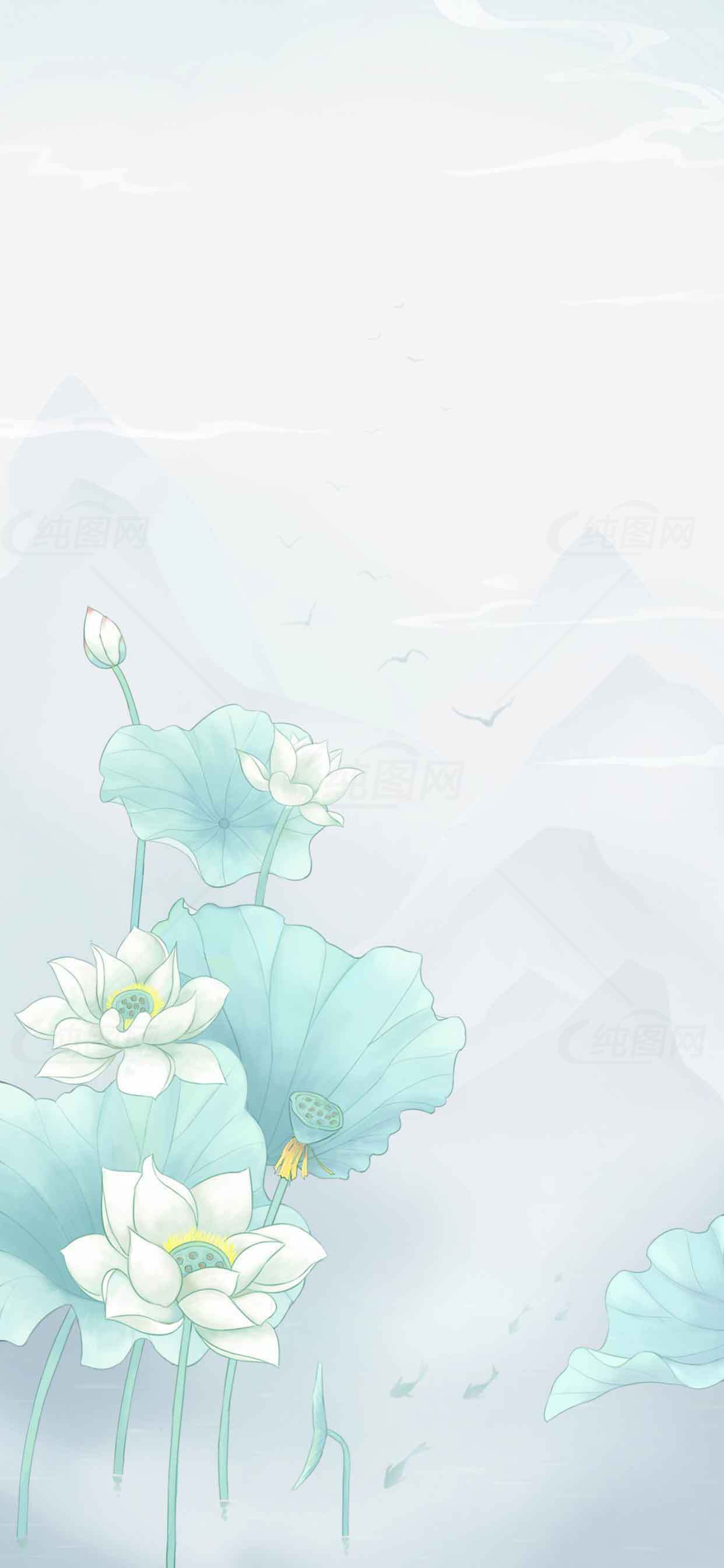唯美荷花背景图片-清新水墨风格素材