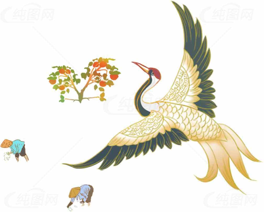 传统丹顶鹤与农耕文化插画素材