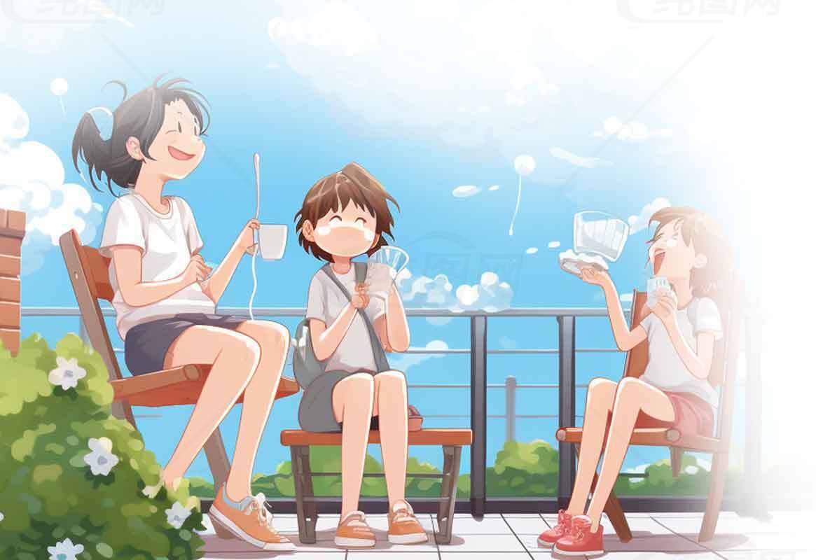 夏日阳光下的露台休闲时光插画素材